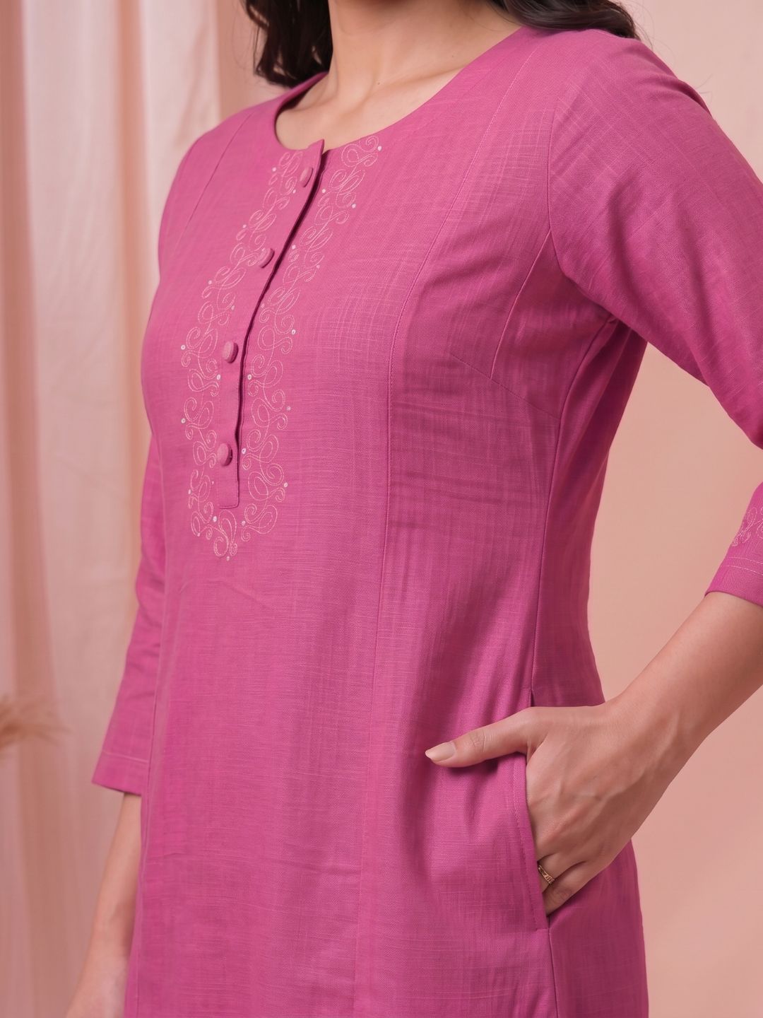Pink A-Line Cotton Slub Kurta with Dori Work & featuring princess line panels.