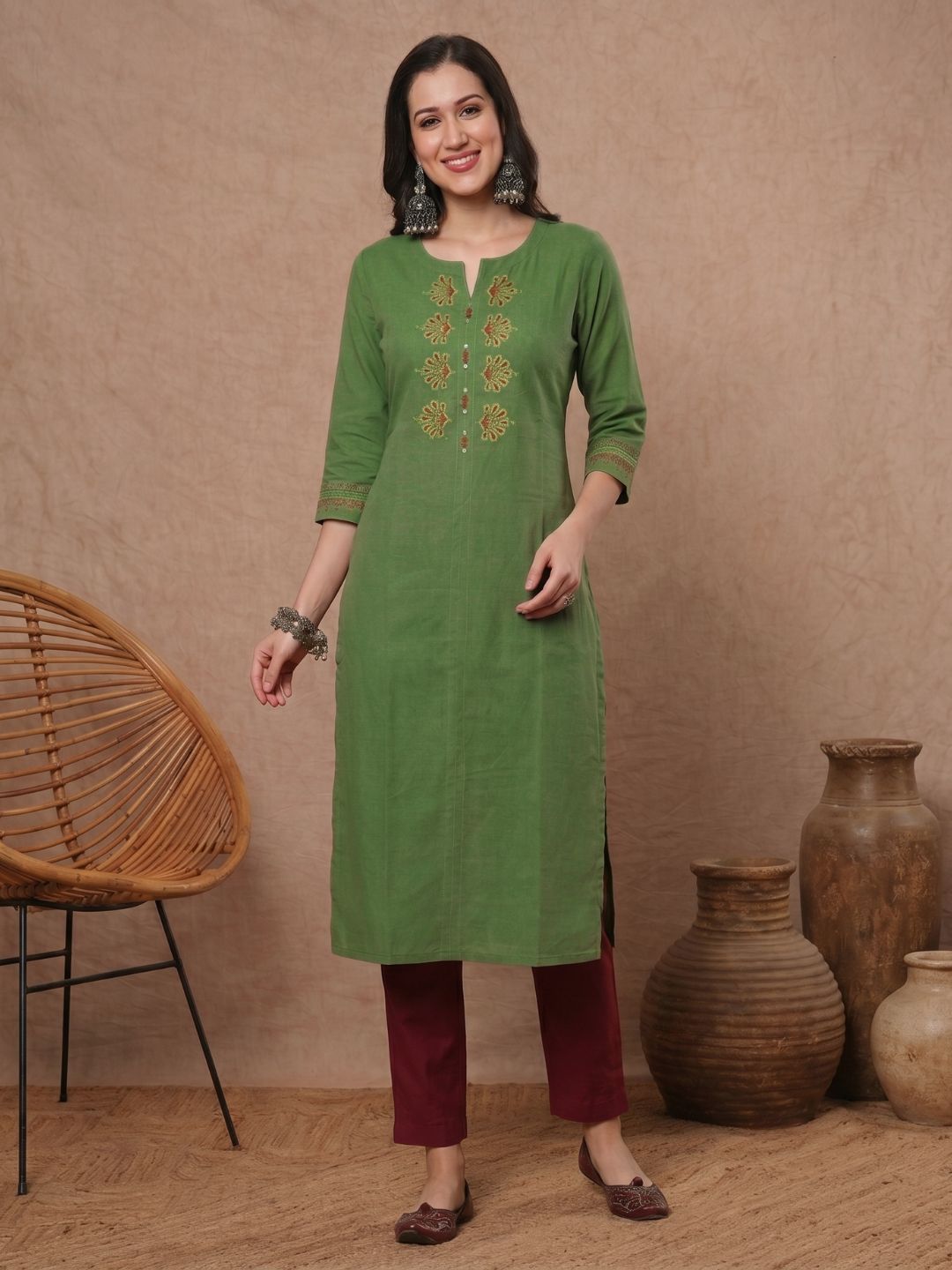 Straight Fit Cotton Kurta with Intricate Embroidered Yoke & Printed Sleeve Detail.