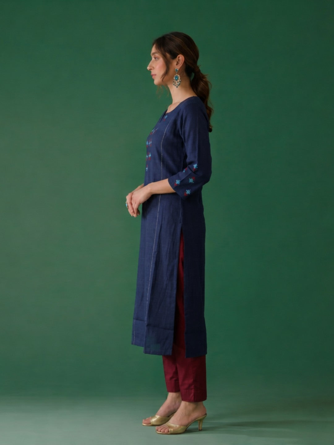 Straight fit cotton slurb kurta with shoulder princess Pannel, hand block print and sequin work.