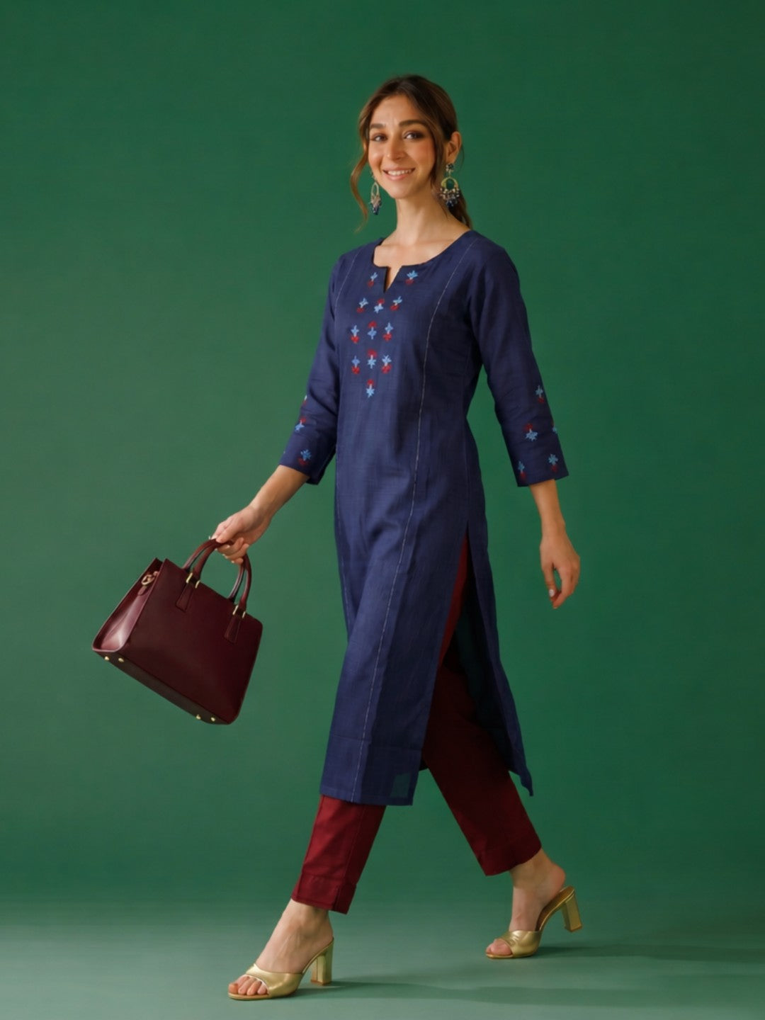 Straight fit cotton slurb kurta with shoulder princess Pannel, hand block print and sequin work.