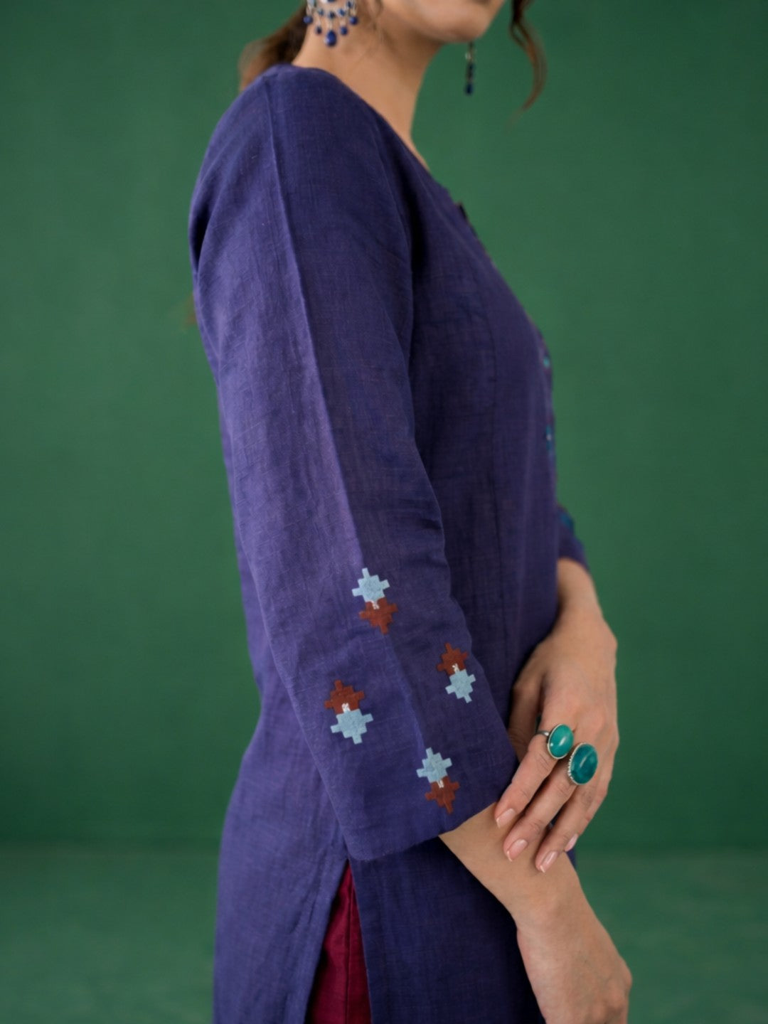 Straight fit cotton slurb kurta with shoulder princess Pannel, hand block print and sequin work.