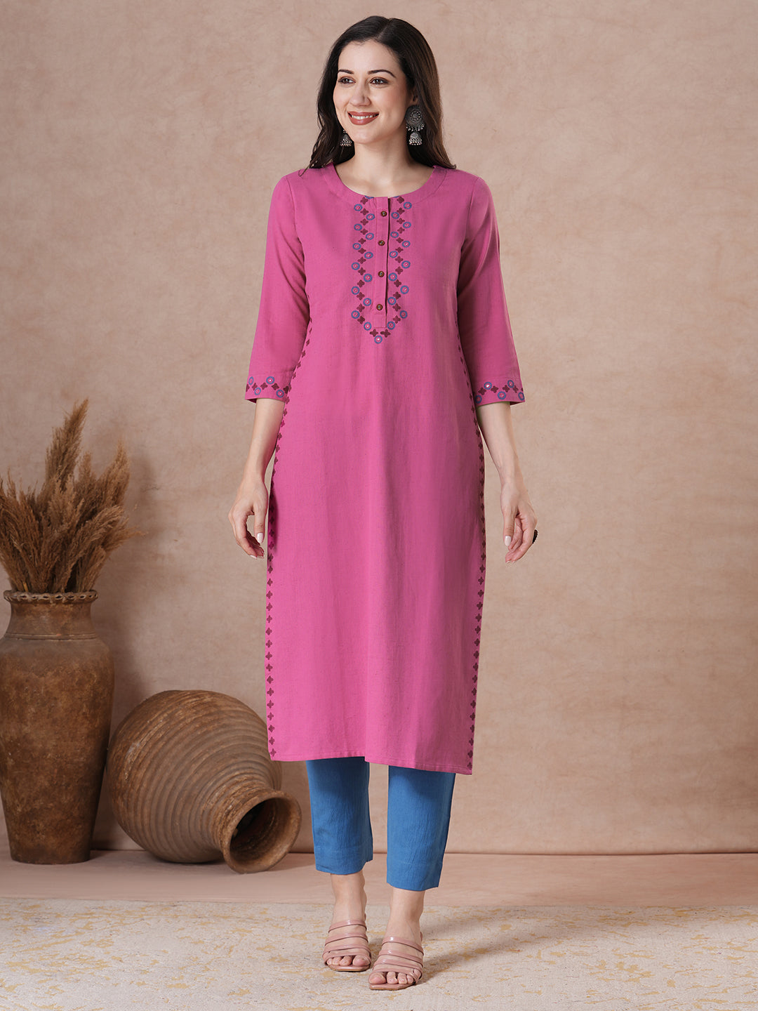 Elegant Straight Fit Cotton Kurta in Vibrant Pink with Floral Block Print Yoke