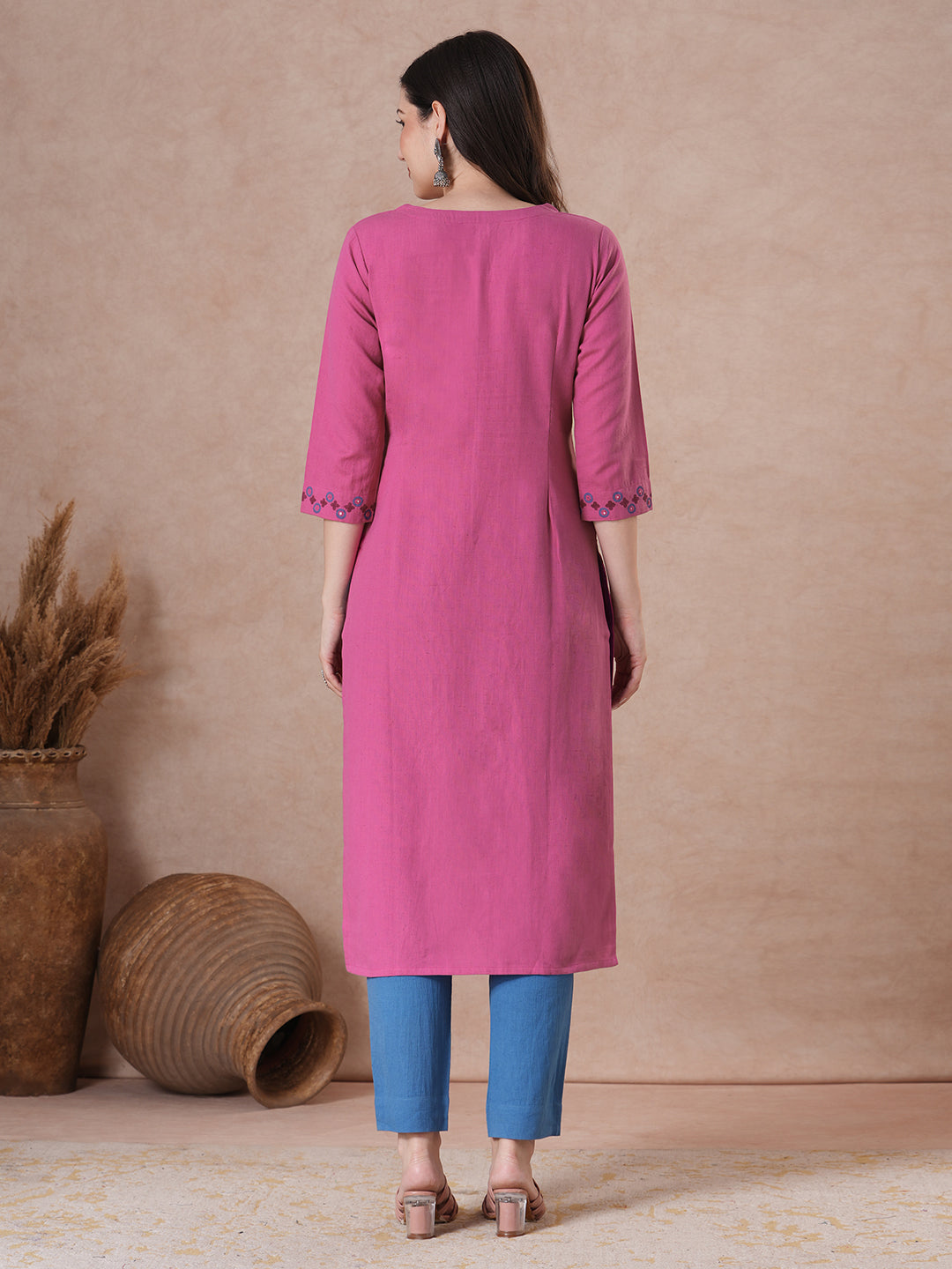 Elegant Straight Fit Cotton Kurta in Vibrant Pink with Floral Block Print Yoke