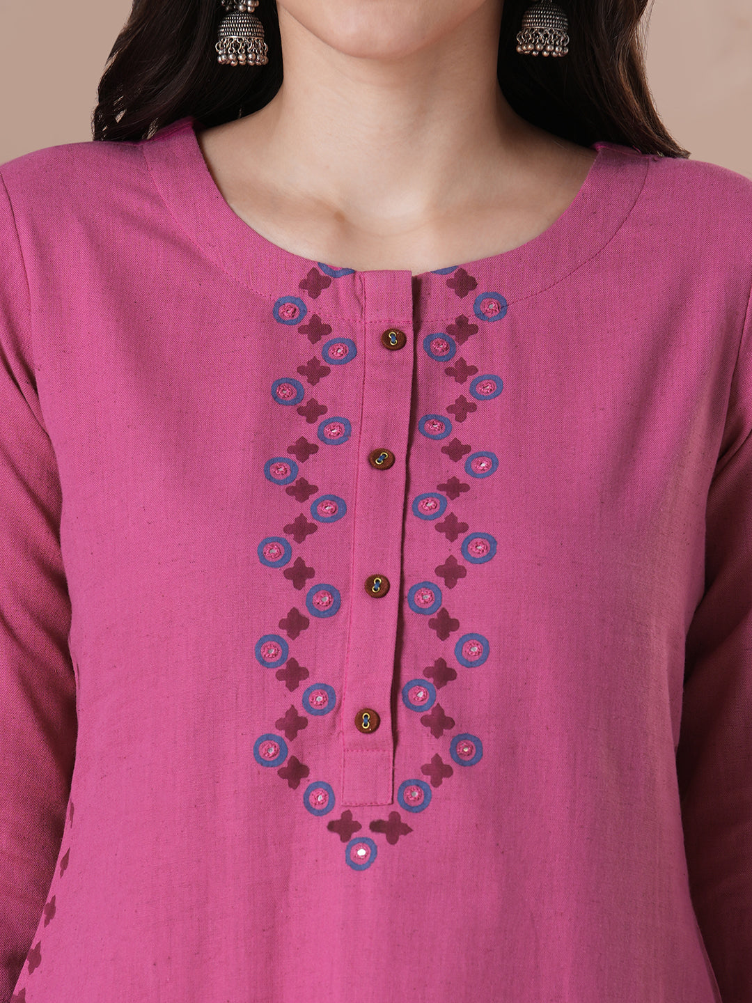 Elegant Straight Fit Cotton Kurta in Vibrant Pink with Floral Block Print Yoke