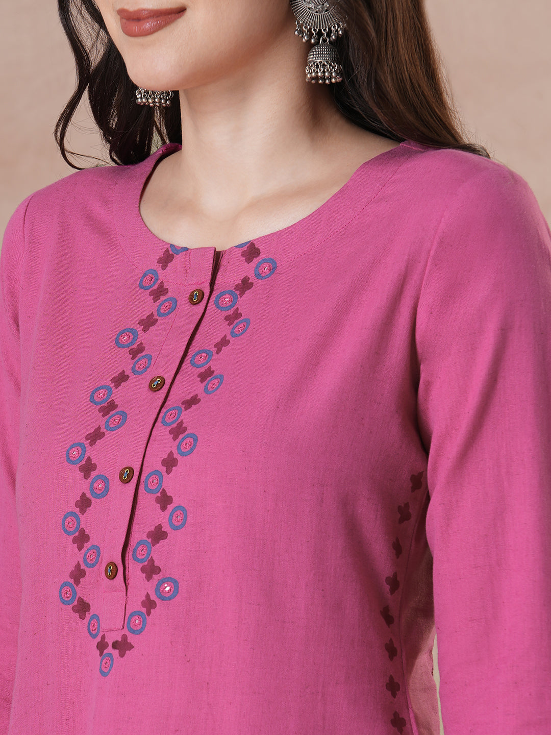 Elegant Straight Fit Cotton Kurta in Vibrant Pink with Floral Block Print Yoke