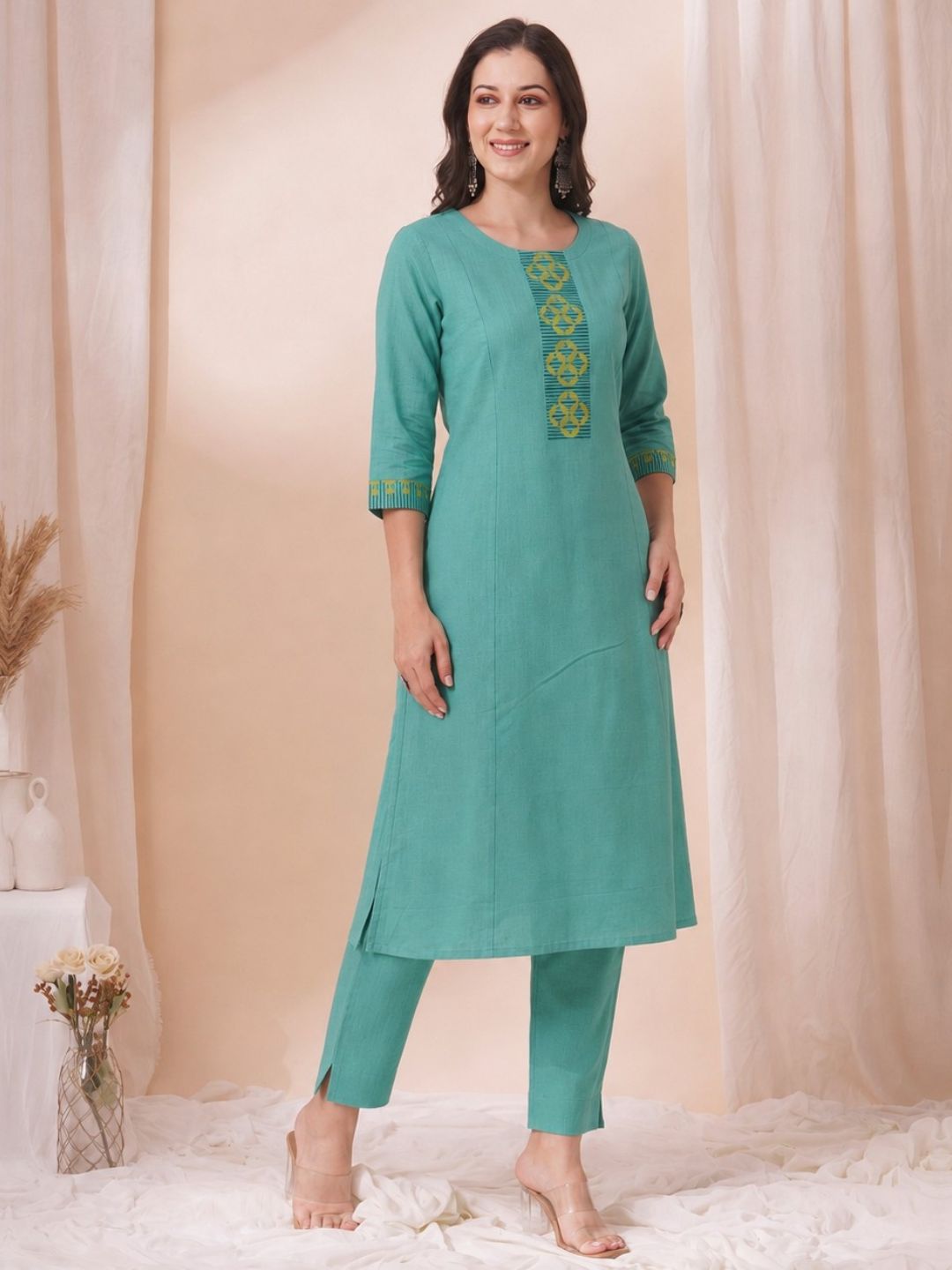 A-Line Cotton Slub Kurta with Hand Block Print & Mirror Work and Princess Panels.