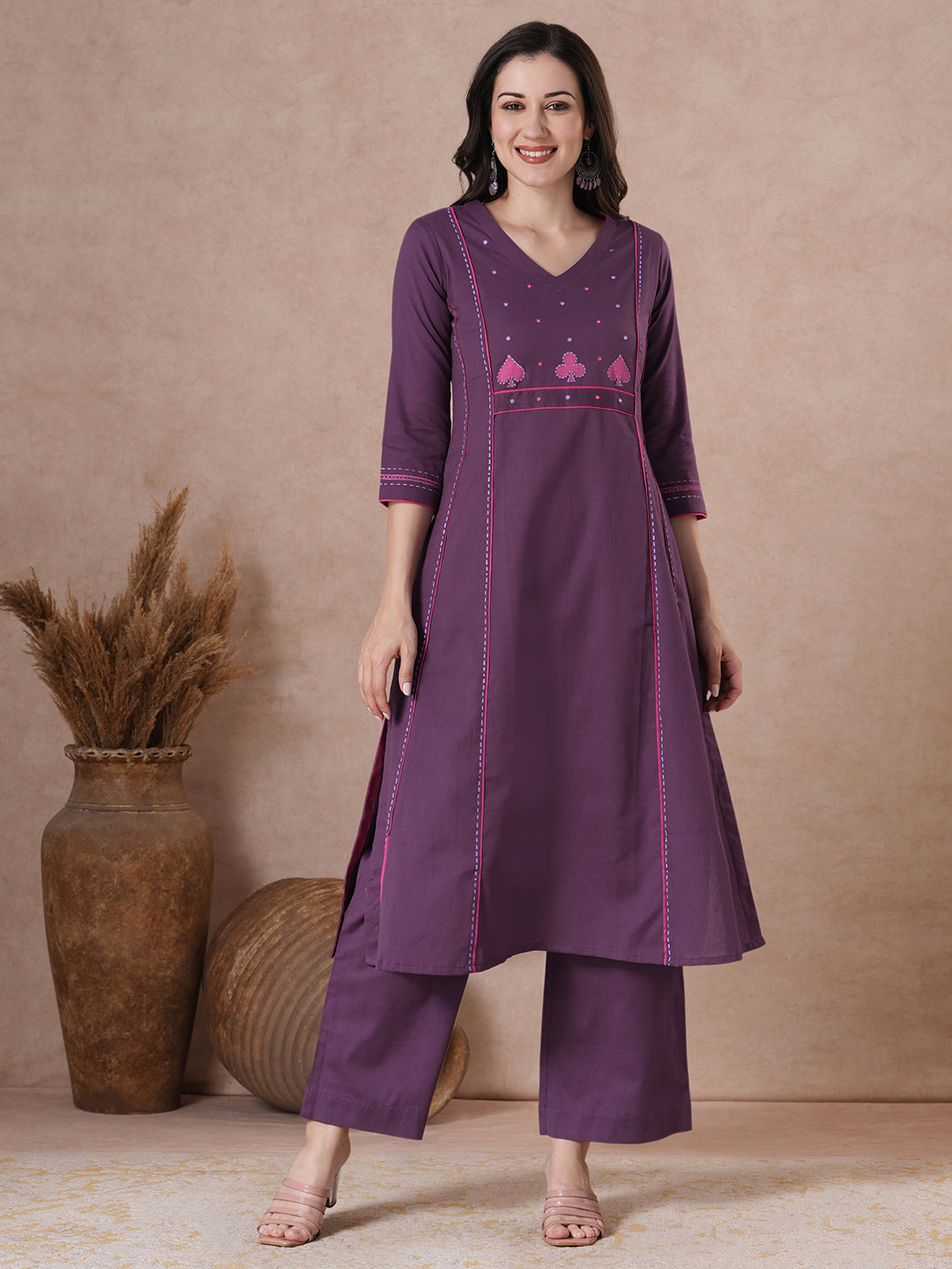 Stylish Purple Cotton A-Line Kurta with Intricate Embroidered Yoke