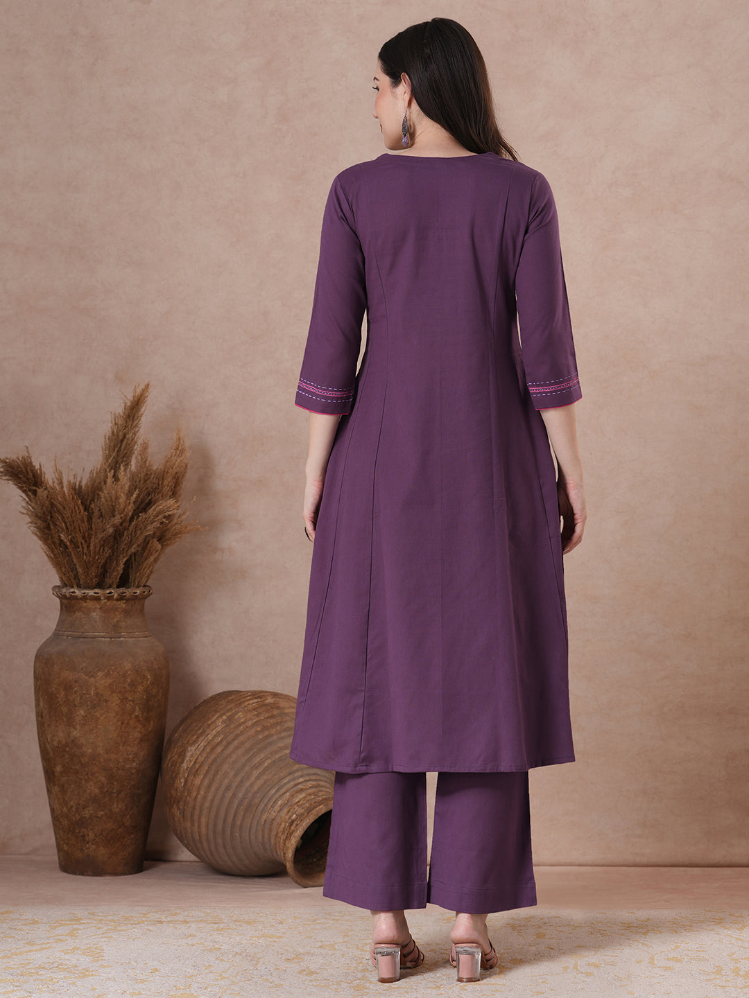 Stylish Purple Cotton A-Line Kurta with Intricate Embroidered Yoke