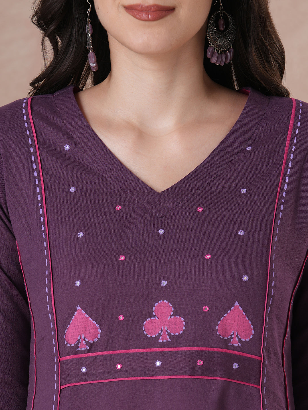 Stylish Purple Cotton A-Line Kurta with Intricate Embroidered Yoke