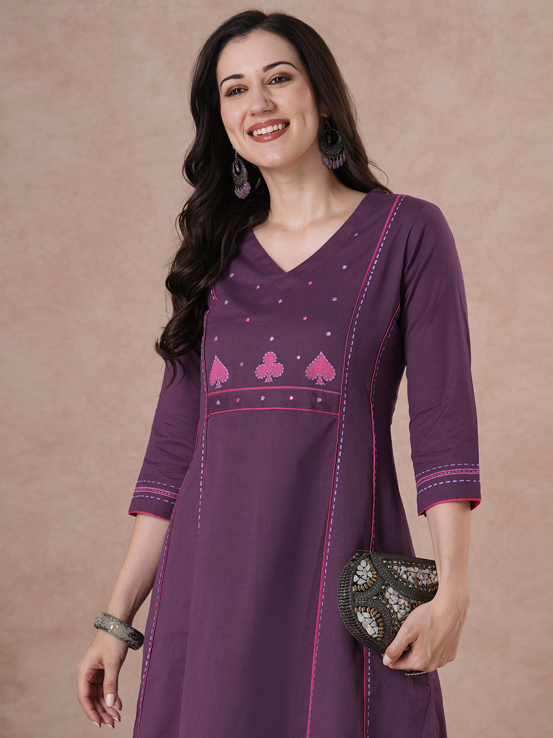 Stylish Purple Cotton A-Line Kurta with Intricate Embroidered Yoke