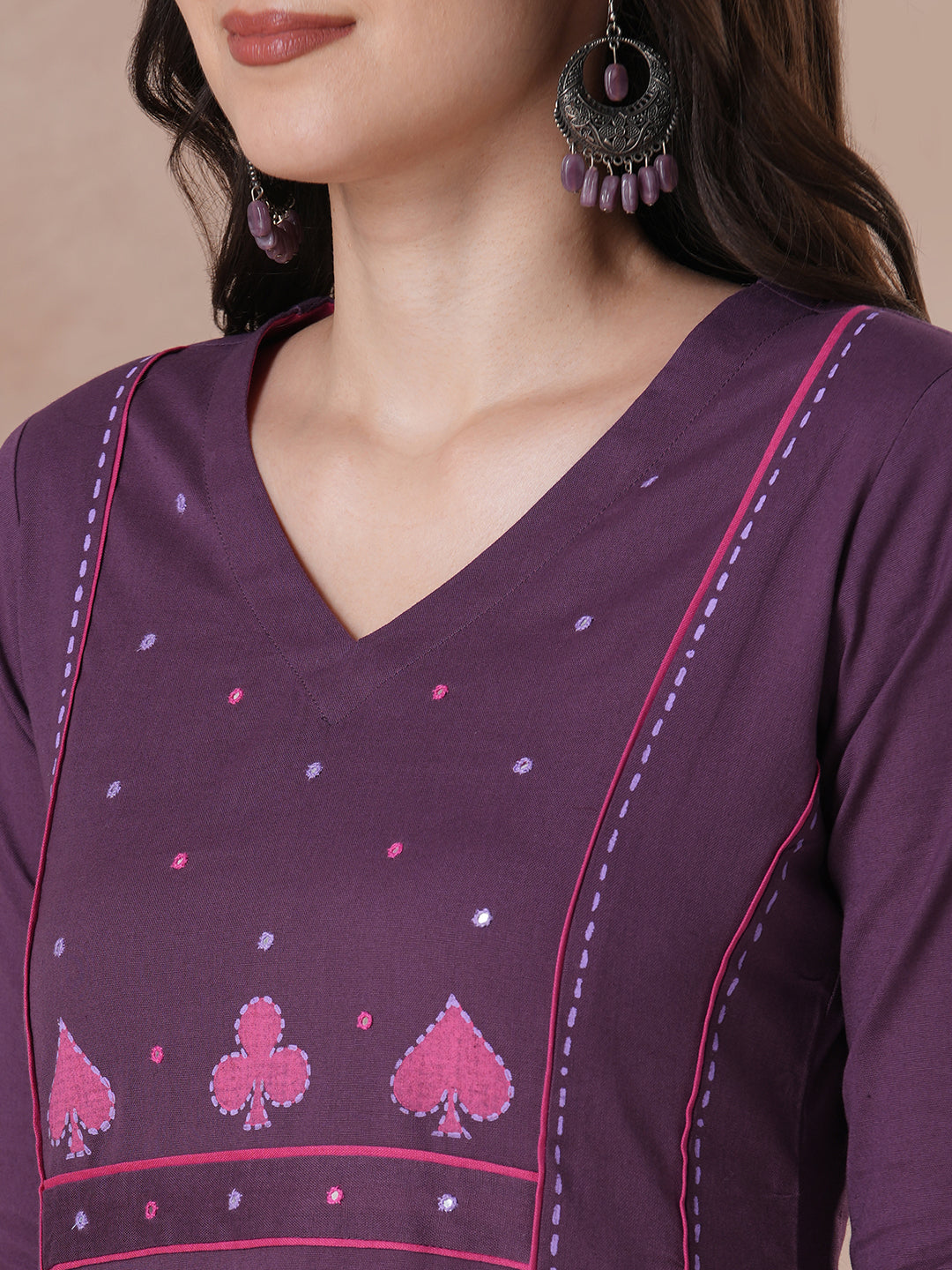 Stylish Purple Cotton A-Line Kurta with Intricate Embroidered Yoke