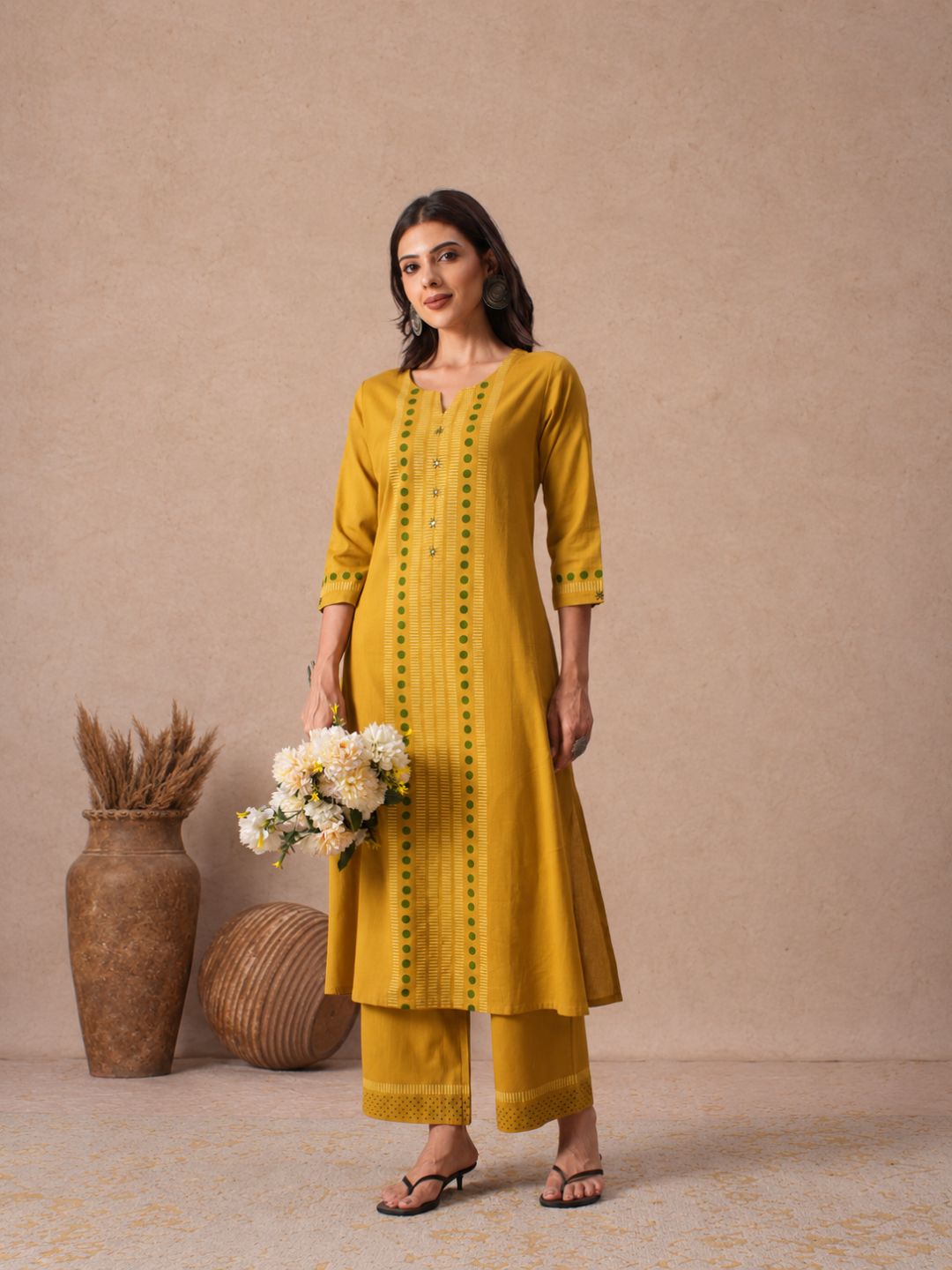 A-Line Cotton Flex Kurta with Hand Block Print and Mirror Work Detailing.