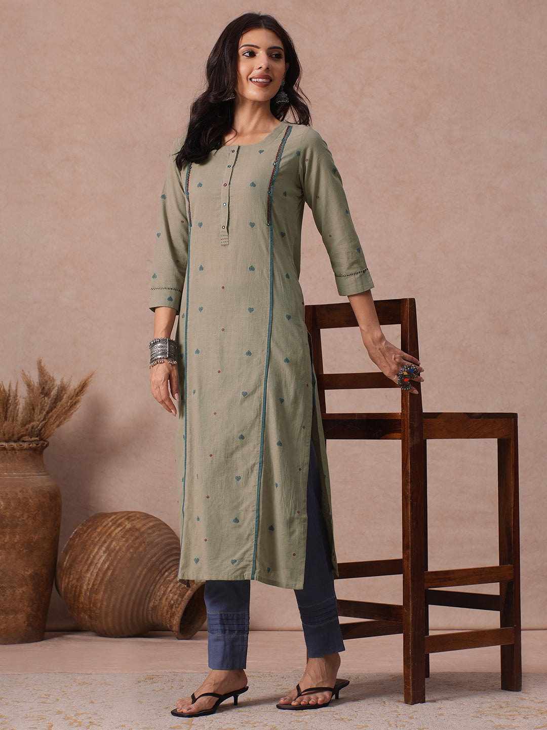 Straight Fit Cotton Dobby Kurta with Handwork and Mirror Work Neck Placket.