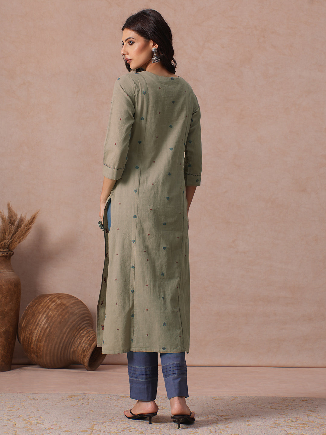 Straight Fit Cotton Dobby Kurta with Handwork and Mirror Work Neck Placket.