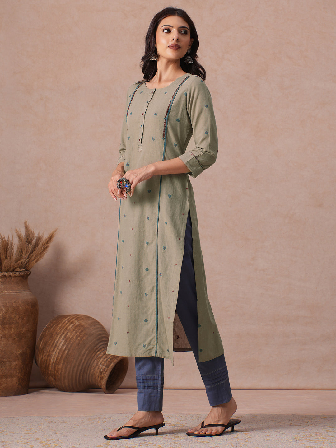 Straight Fit Cotton Dobby Kurta with Handwork and Mirror Work Neck Placket.