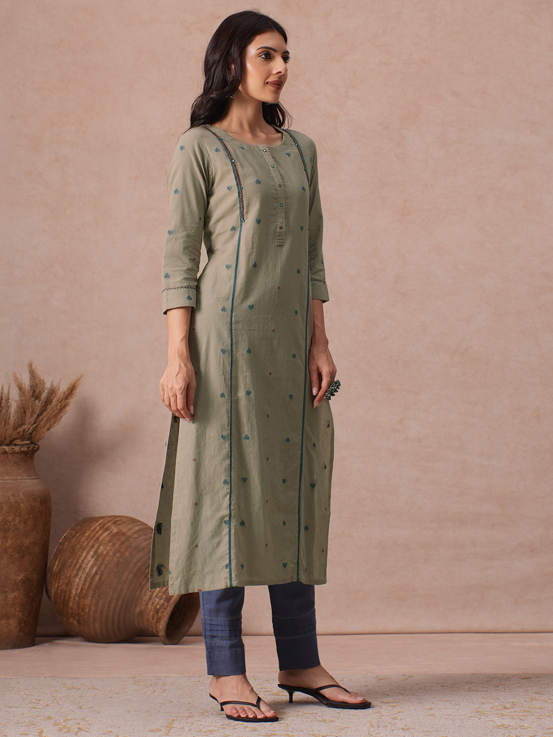 Straight Fit Cotton Dobby Kurta with Handwork and Mirror Work Neck Placket.