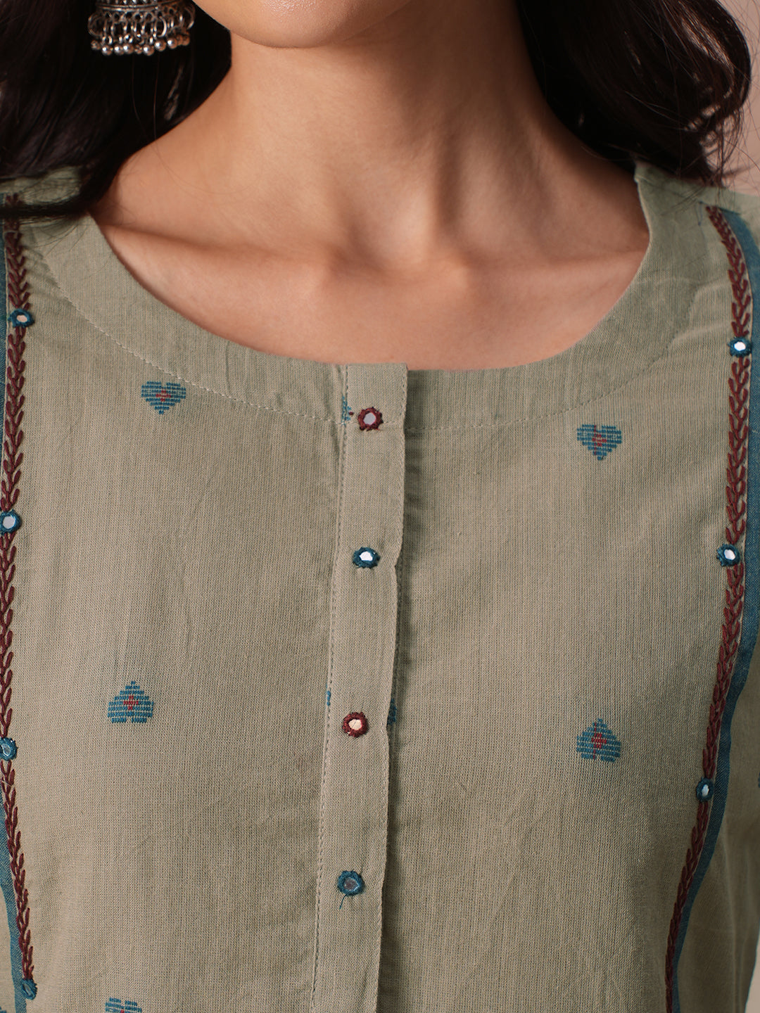 Straight Fit Cotton Dobby Kurta with Handwork and Mirror Work Neck Placket.