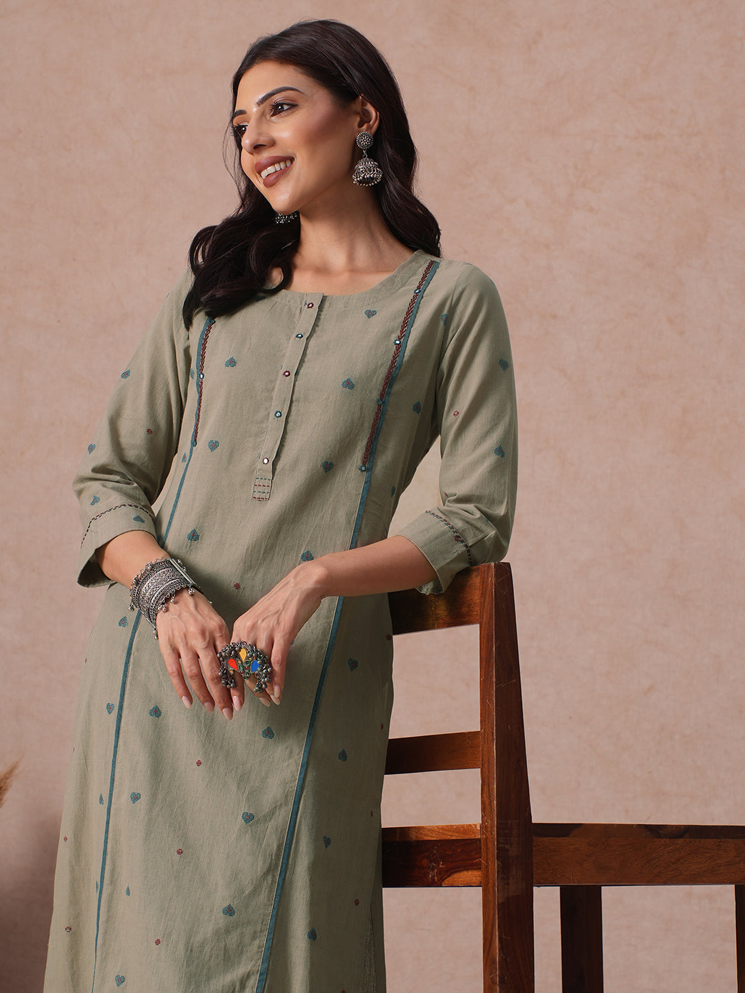 Straight Fit Cotton Dobby Kurta with Handwork and Mirror Work Neck Placket.