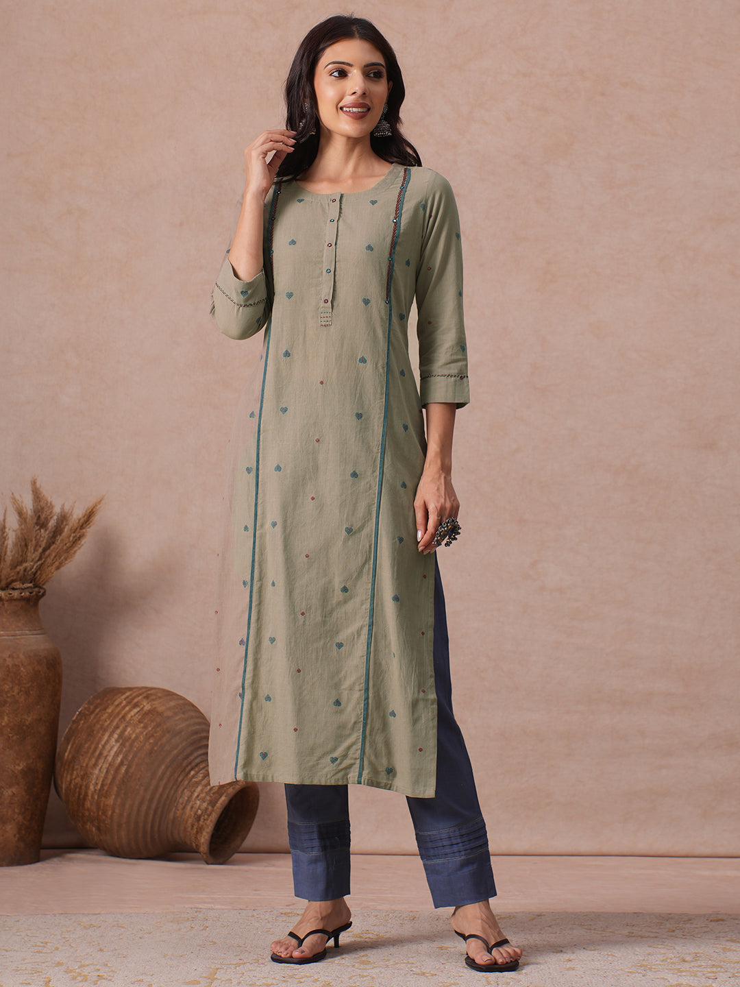 Straight Fit Cotton Dobby Kurta with Handwork and Mirror Work Neck Placket.