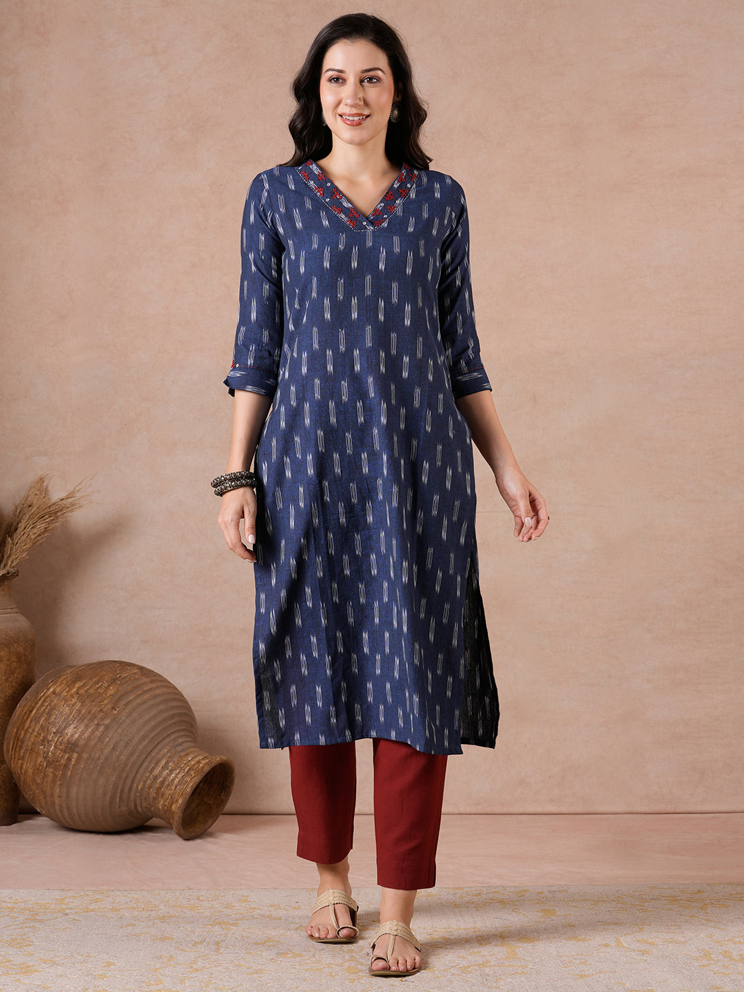 Straight Fit Cotton Ikat Kurta with Rabari Embroidery & Mirror Work Detailing.
