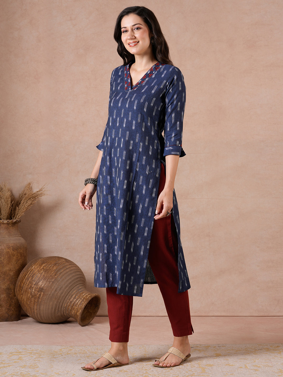 Straight Fit Cotton Ikat Kurta with Rabari Embroidery & Mirror Work Detailing.