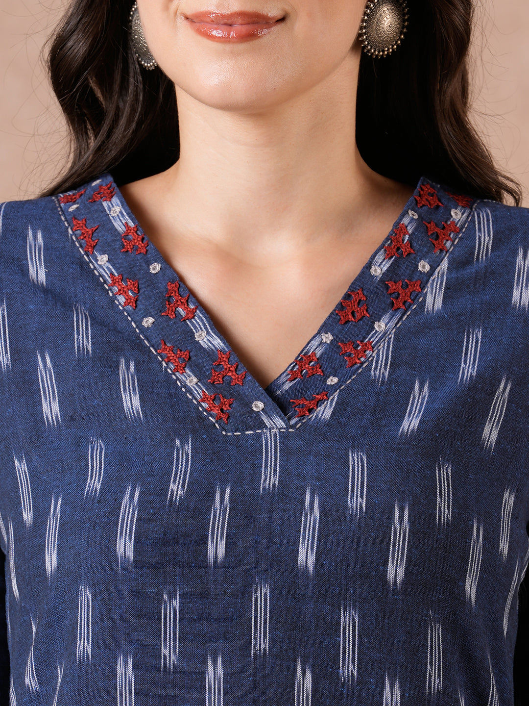 Straight Fit Cotton Ikat Kurta with Rabari Embroidery & Mirror Work Detailing.