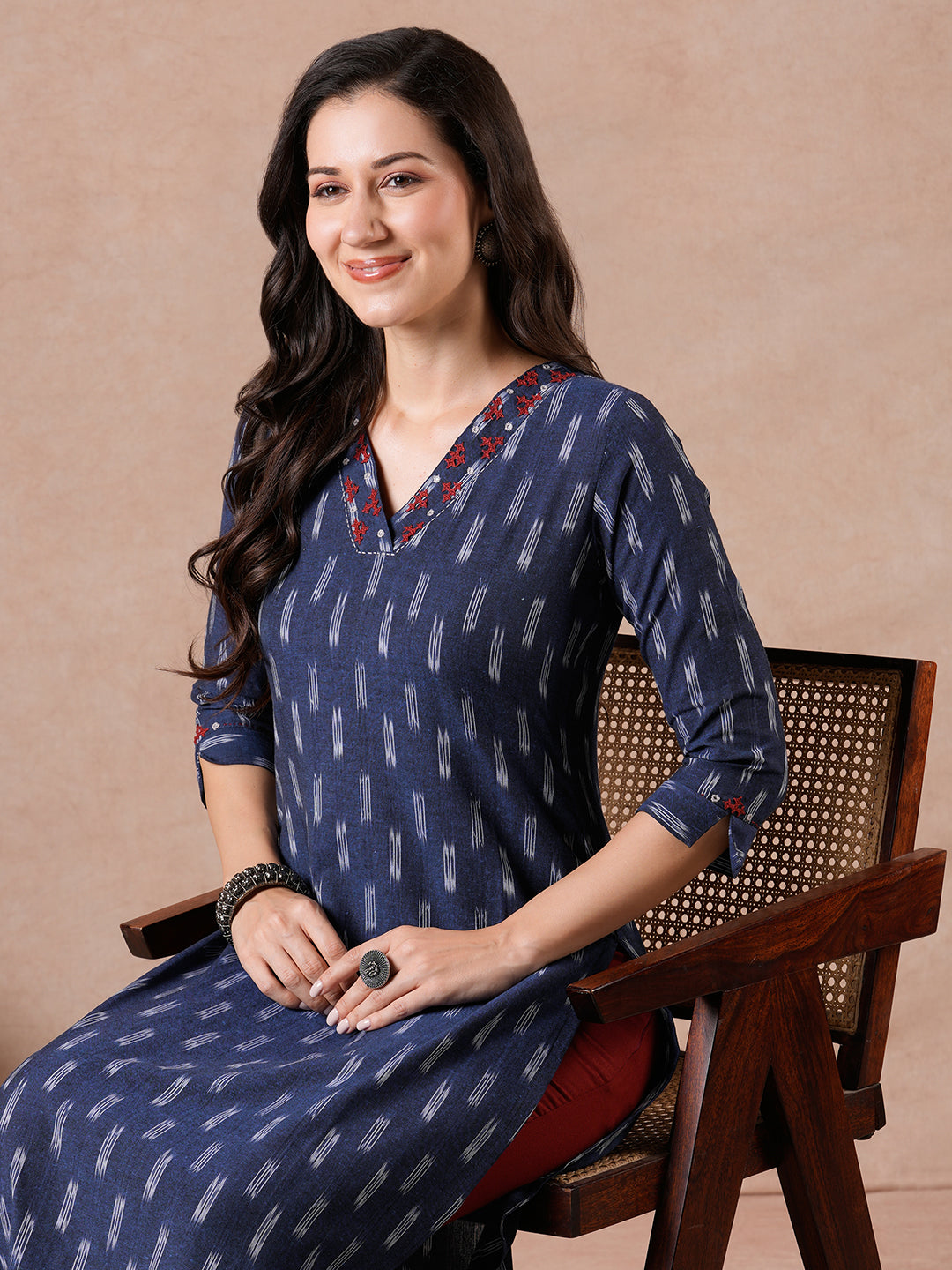 Straight Fit Cotton Ikat Kurta with Rabari Embroidery & Mirror Work Detailing.