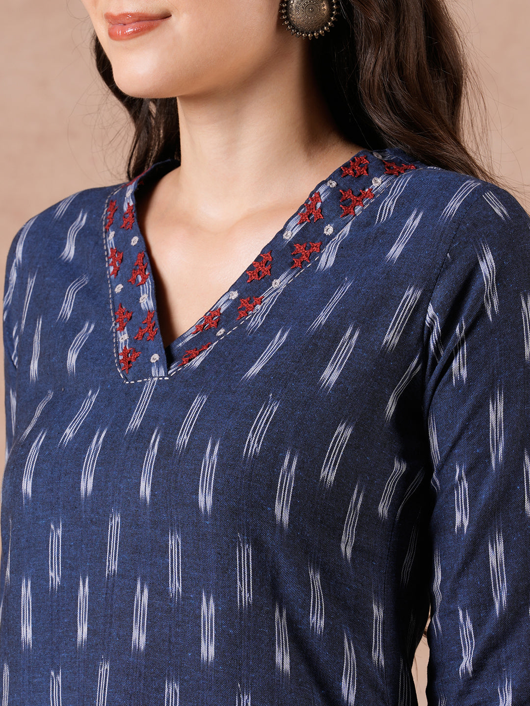 Straight Fit Cotton Ikat Kurta with Rabari Embroidery & Mirror Work Detailing.