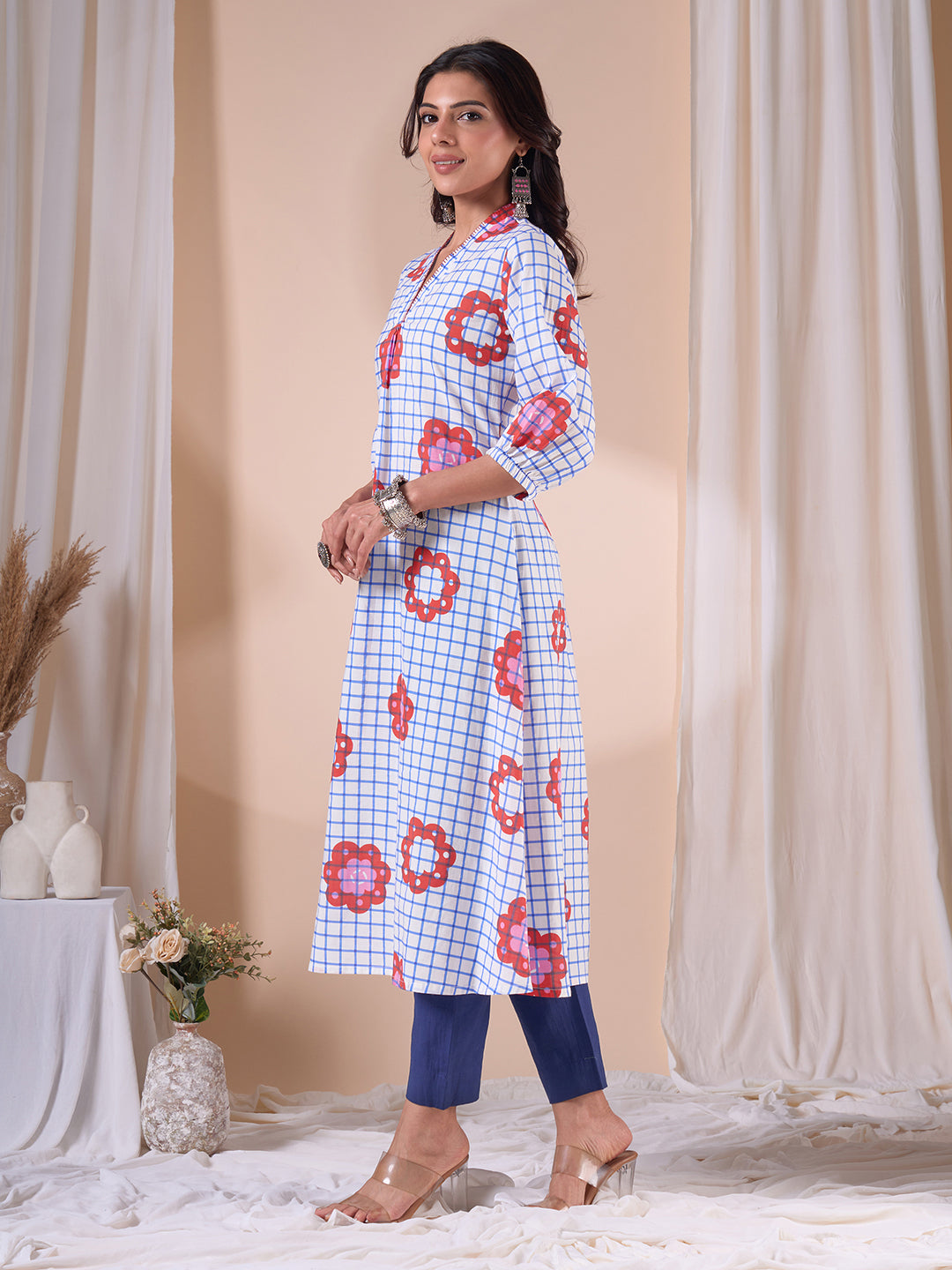 A-Line Cotton Printed Kurta with Floral Checks, Gathering & Hand Work.