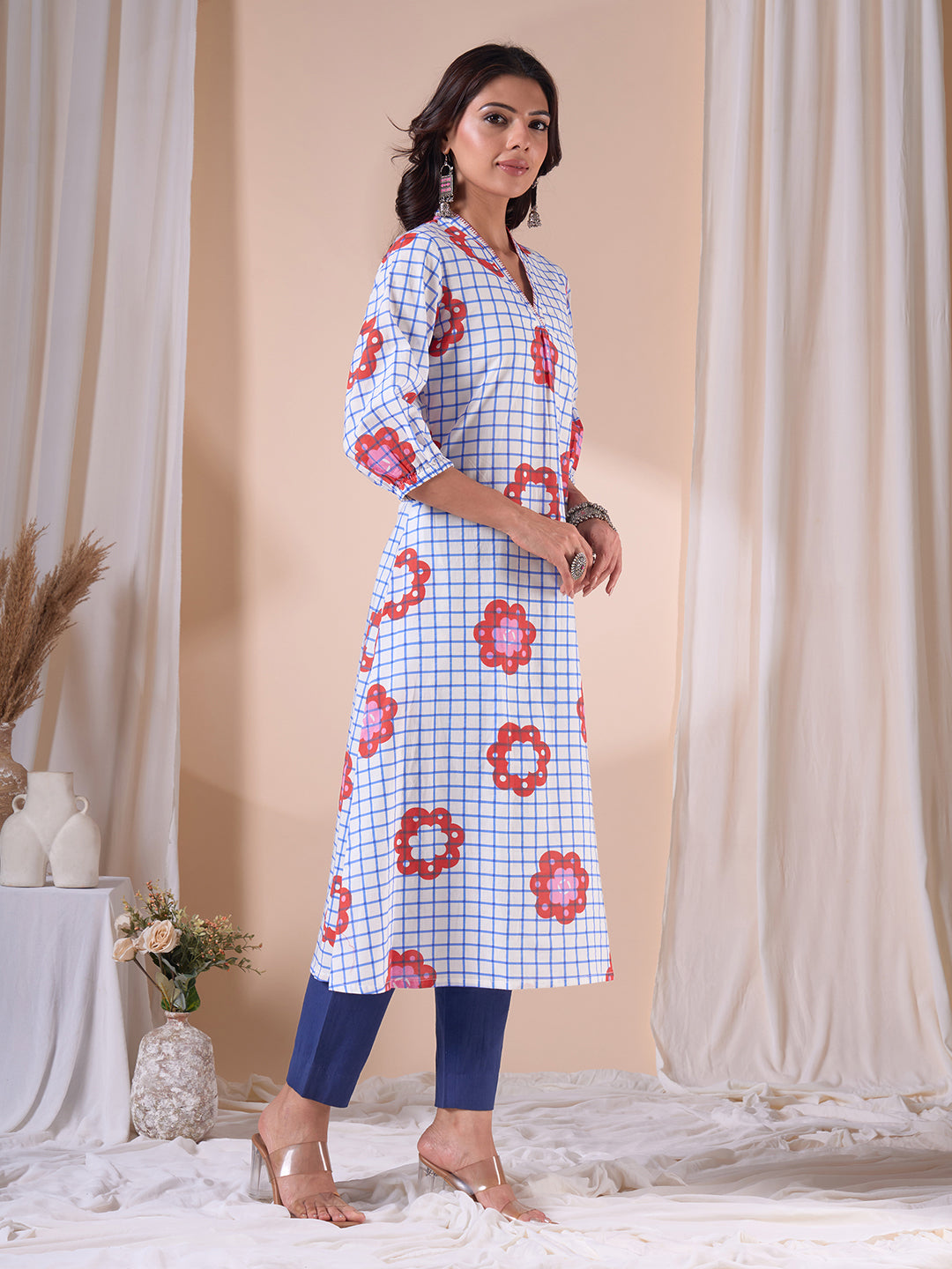 A-Line Cotton Printed Kurta with Floral Checks, Gathering & Hand Work.