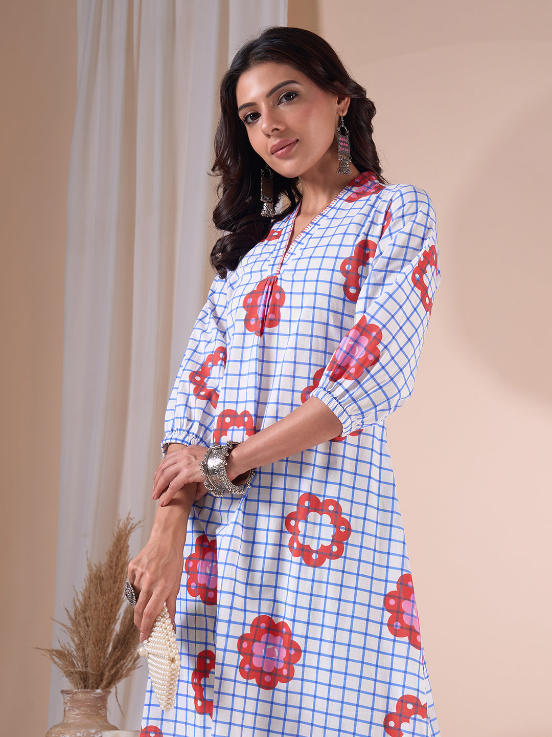 A-Line Cotton Printed Kurta with Floral Checks, Gathering & Hand Work.