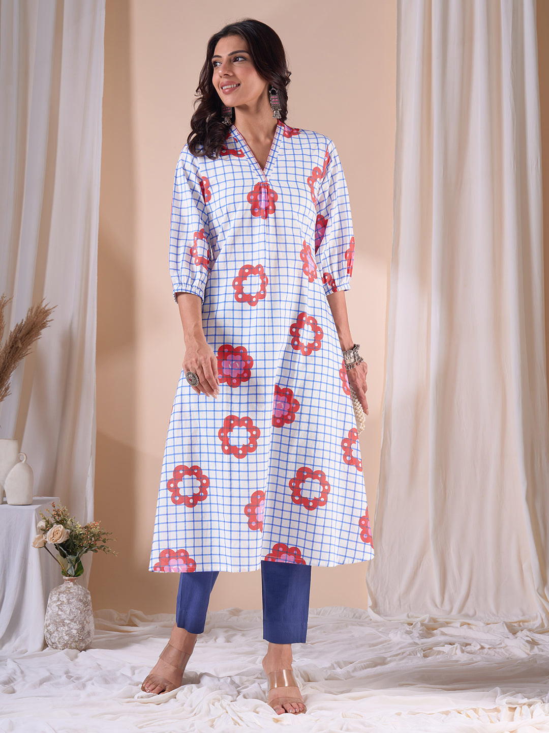 A-Line Cotton Printed Kurta with Floral Checks, Gathering & Hand Work.