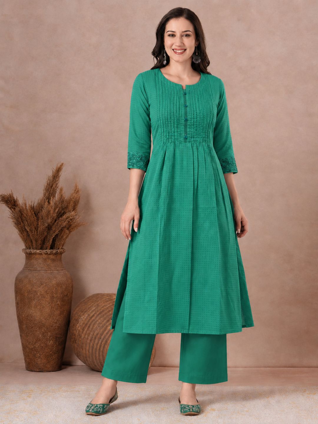 A-Line Cotton Jacquard Kurta with Pleats, Lace, Embroidery & Beaded Detailing.