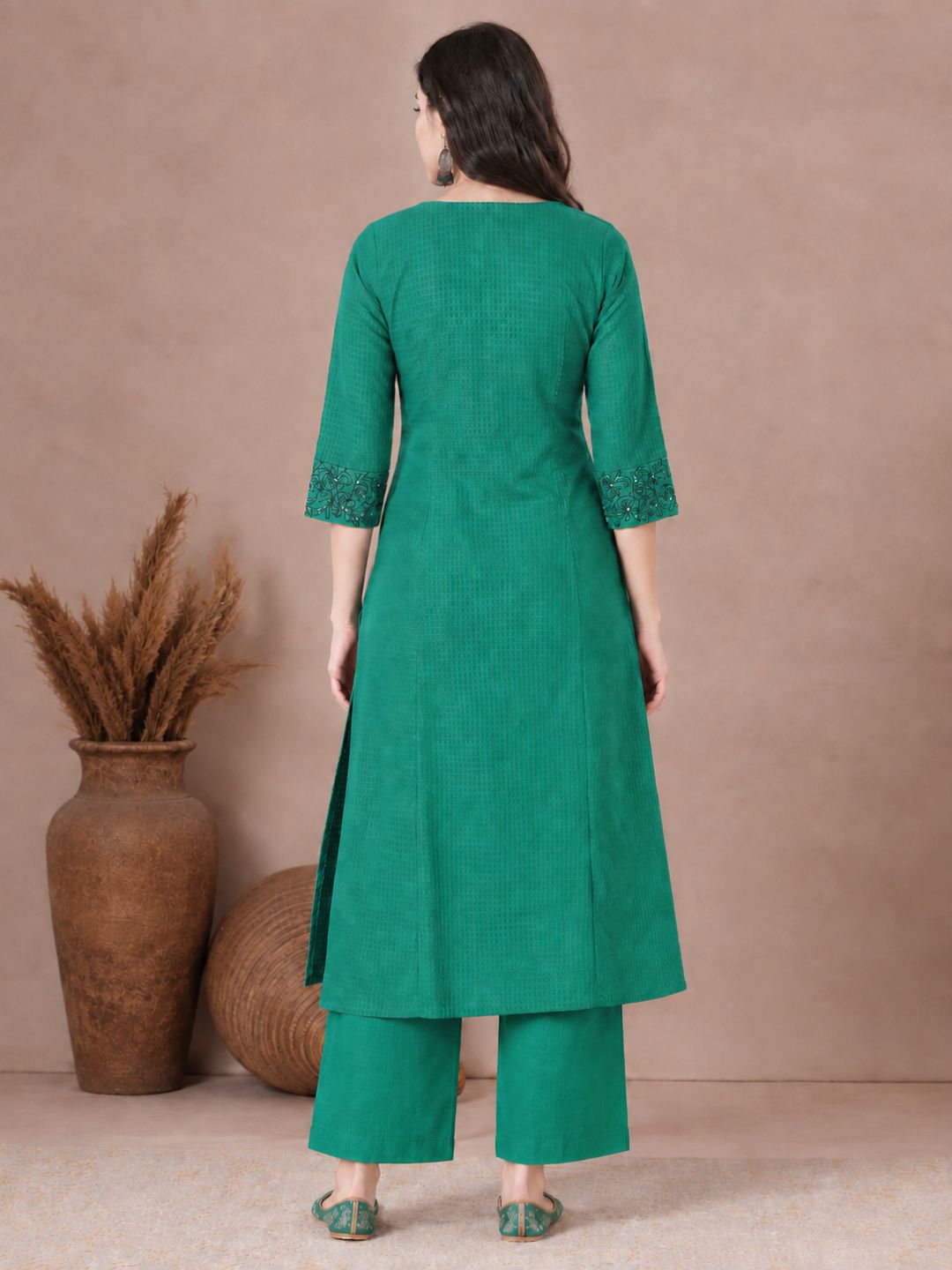 A-Line Cotton Jacquard Kurta with Pleats, Lace, Embroidery & Beaded Detailing.