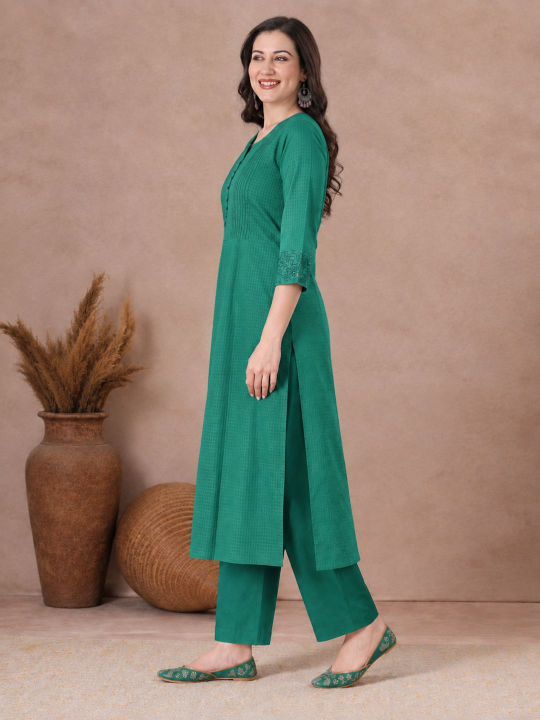 A-Line Cotton Jacquard Kurta with Pleats, Lace, Embroidery & Beaded Detailing.