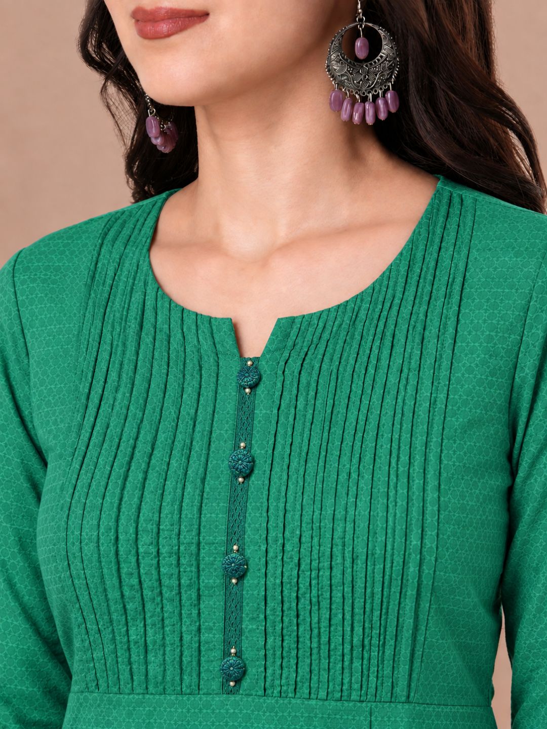 A-Line Cotton Jacquard Kurta with Pleats, Lace, Embroidery & Beaded Detailing.