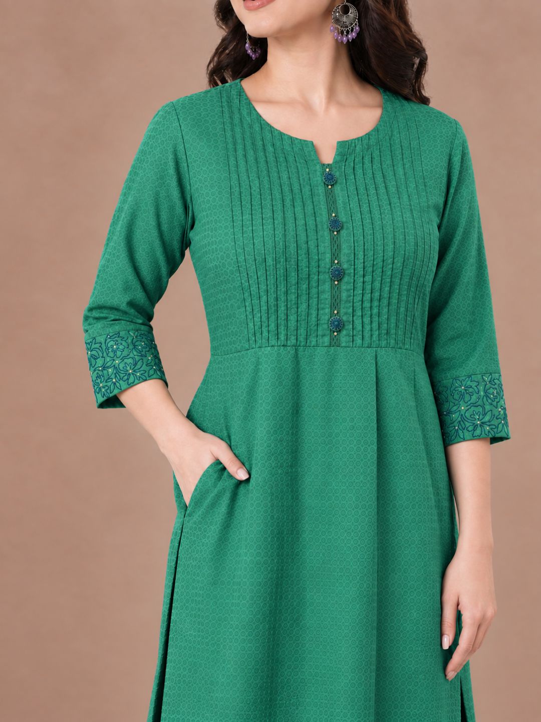 A-Line Cotton Jacquard Kurta with Pleats, Lace, Embroidery & Beaded Detailing.