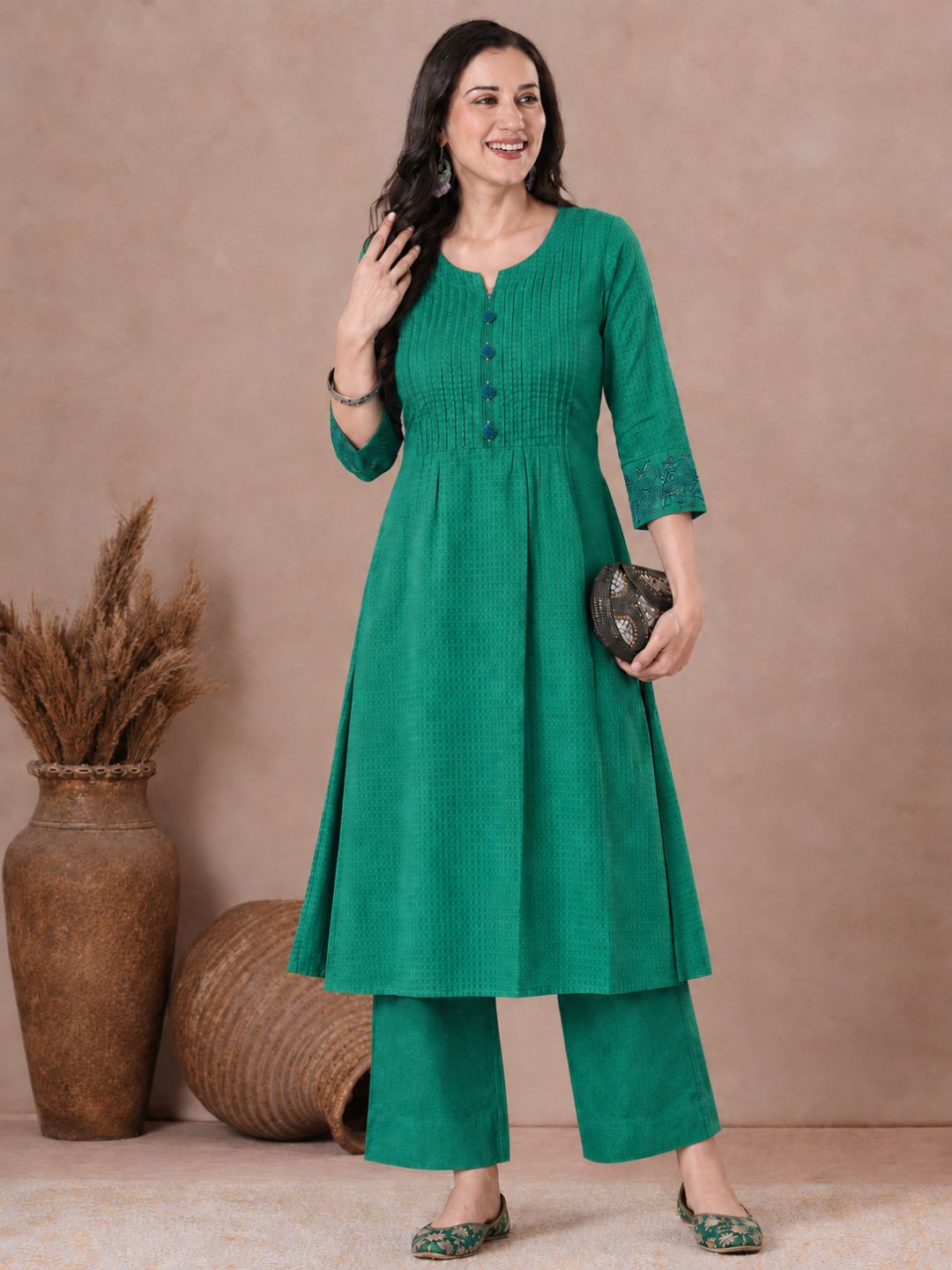 A-Line Cotton Jacquard Kurta with Pleats, Lace, Embroidery & Beaded Detailing.