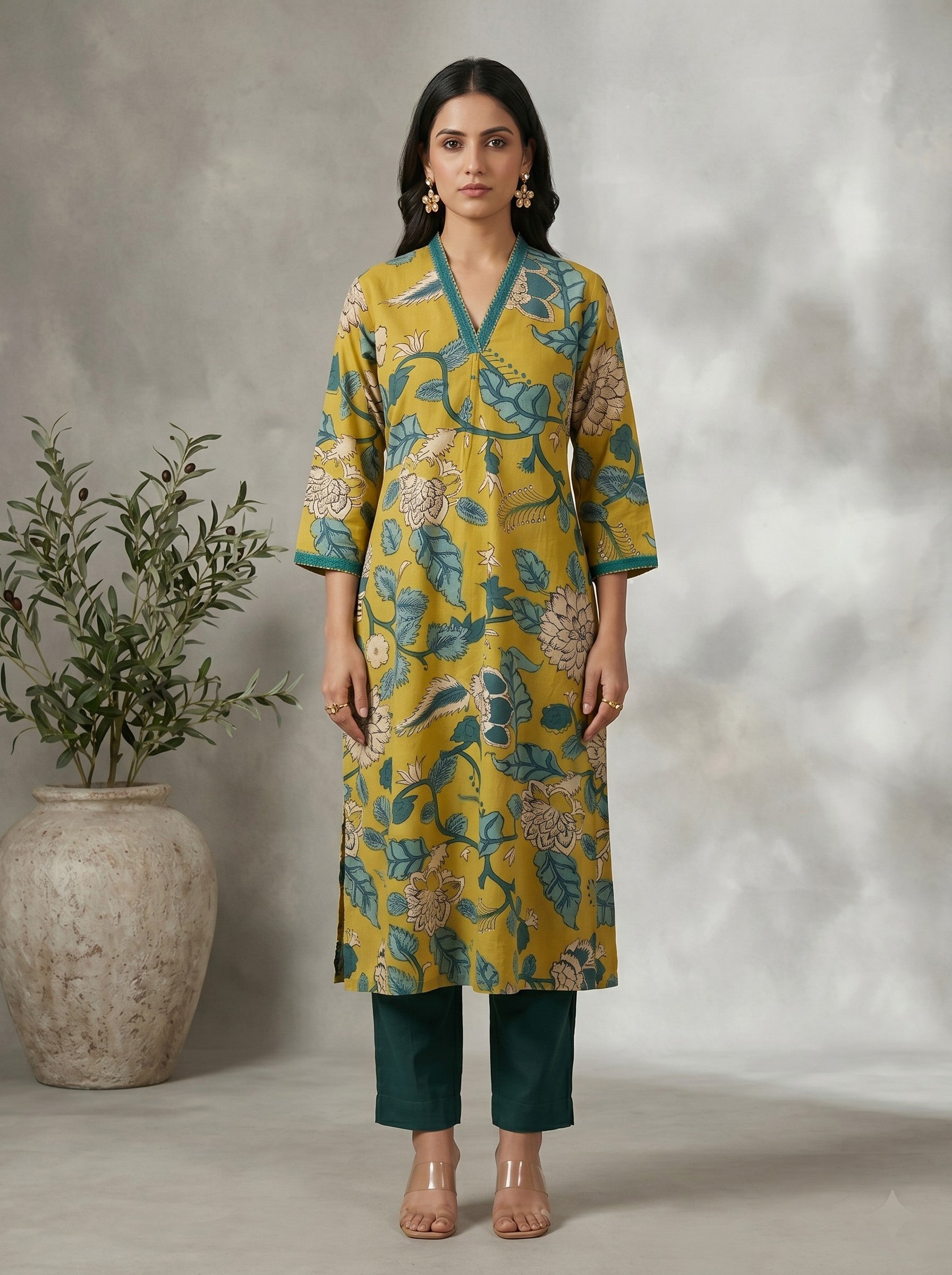 Mustard Floral Printed A-Line Cotton Kurta with Elegant V-Neck Mirror Detailing.