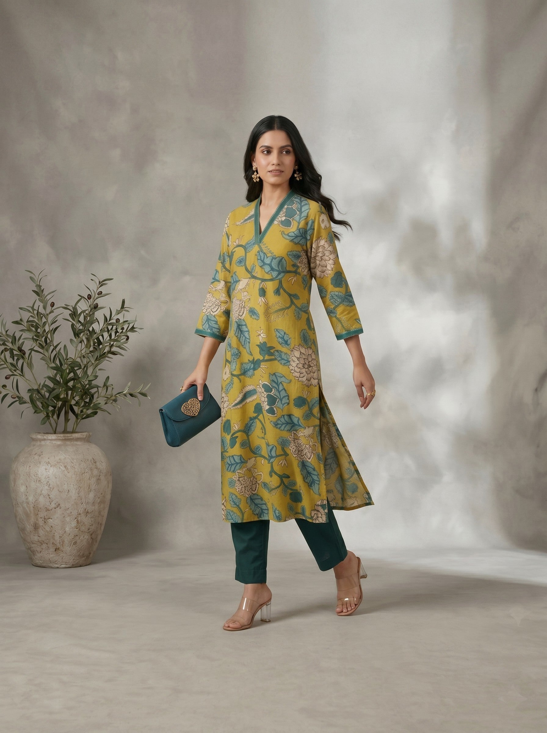 Mustard Floral Printed A-Line Cotton Kurta with Elegant V-Neck Mirror Detailing.