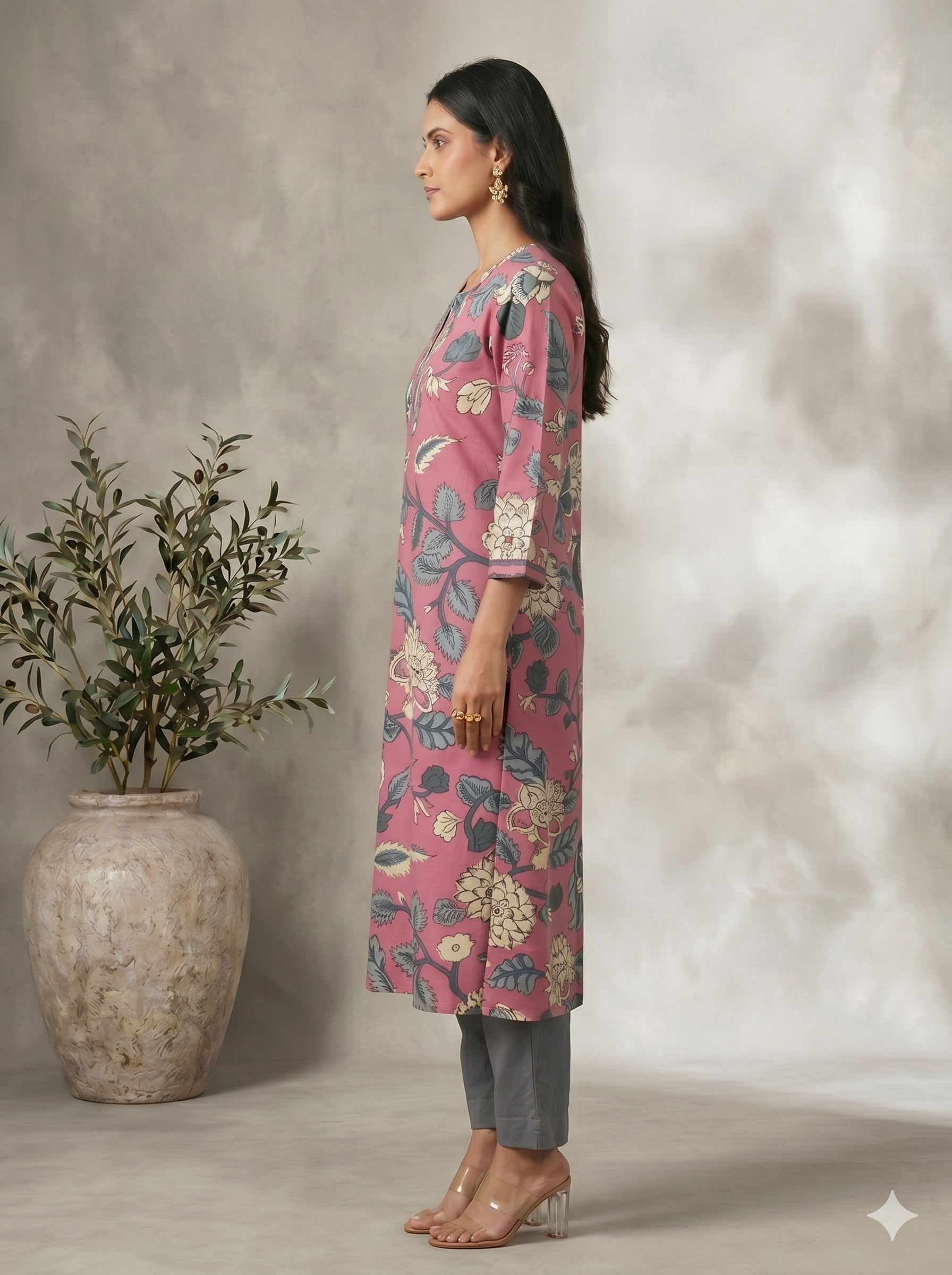 Pink A-Line Cotton Ethnic Floral Print Kurta with Stylish Neck Detailing.
