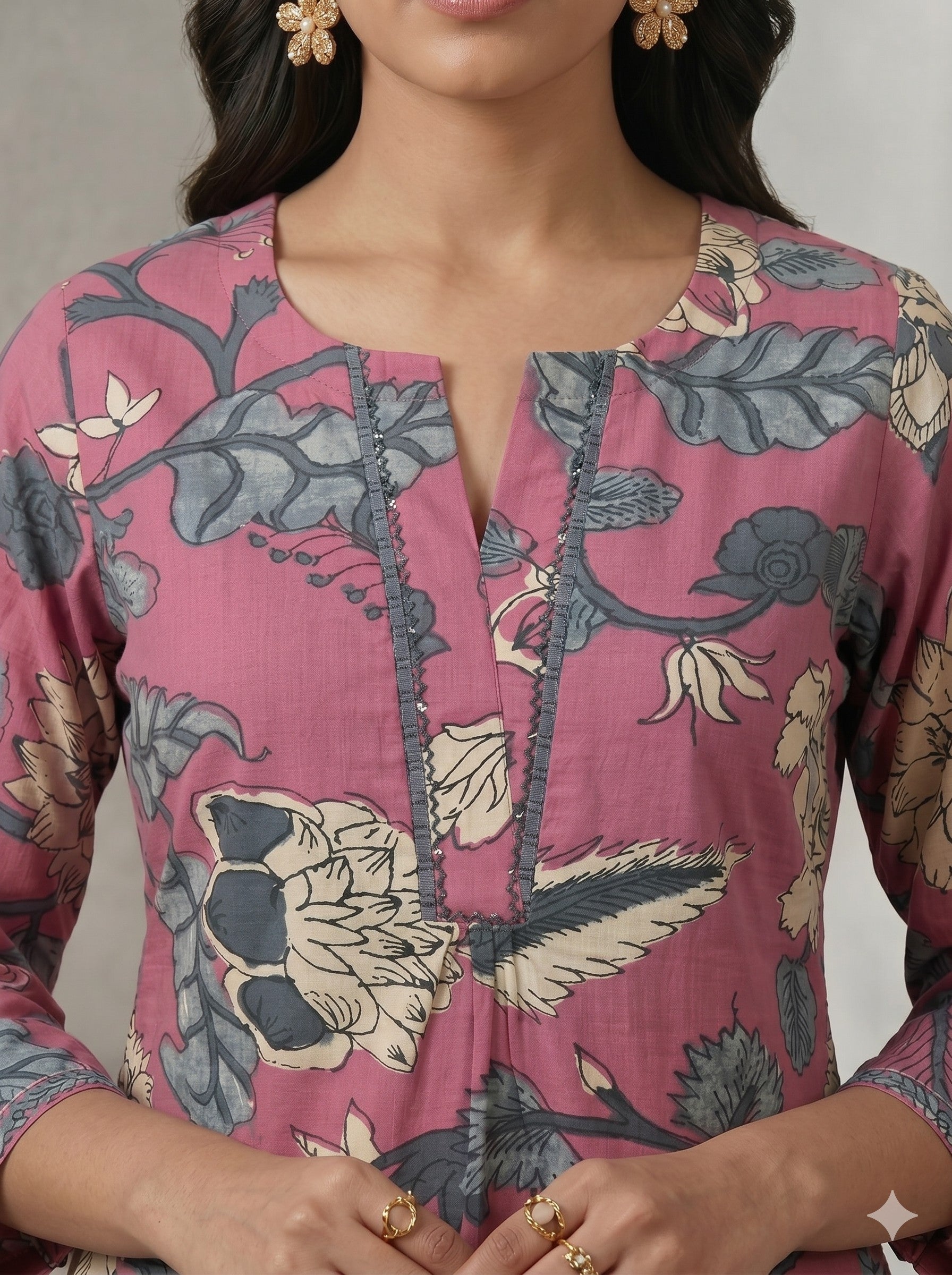 Pink A-Line Cotton Ethnic Floral Print Kurta with Stylish Neck Detailing.
