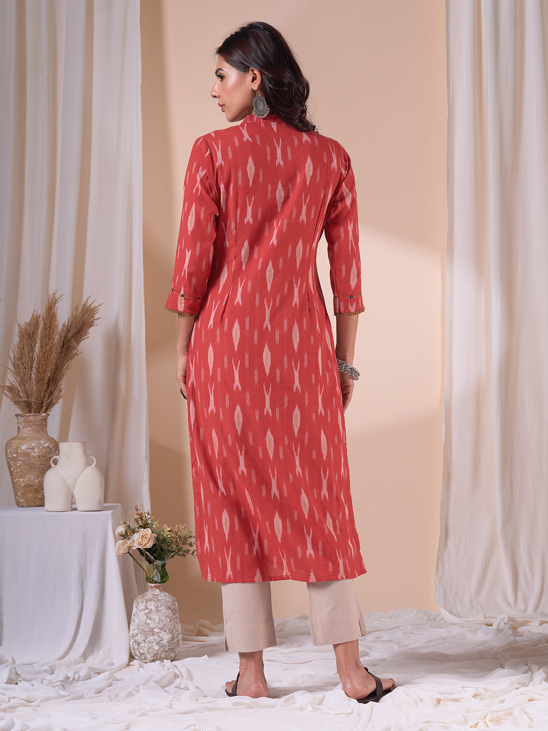 Straight Fit Cotton Ikat Weave Kurta with Checkered Trim & Handwork Detailing.