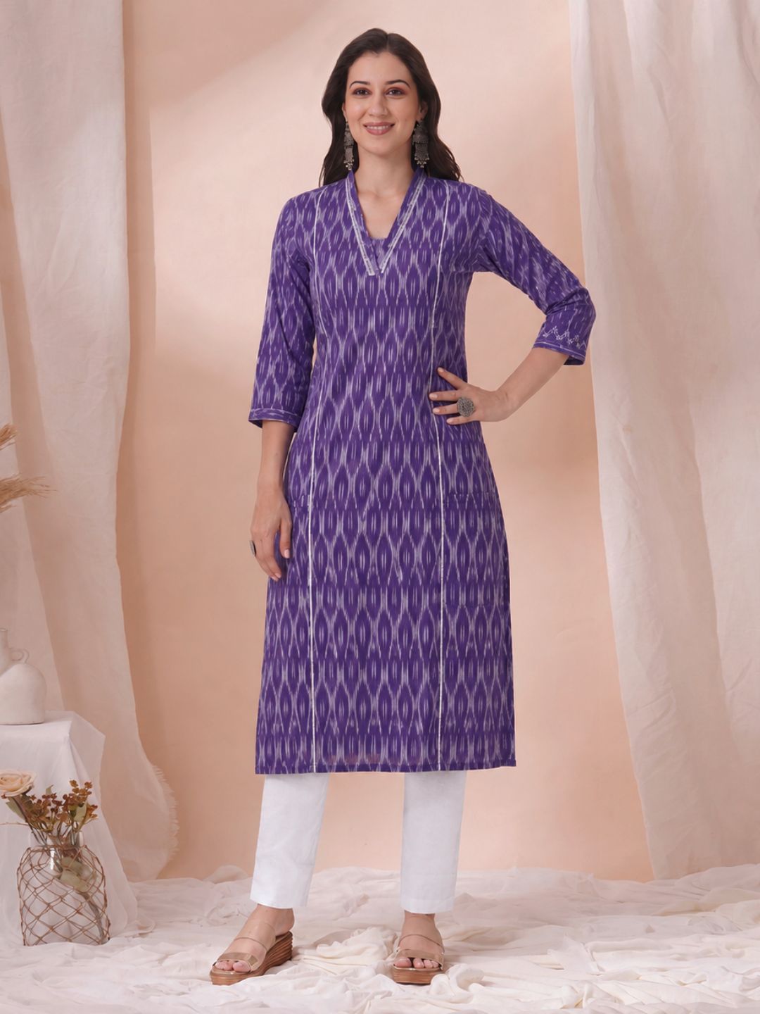 Straight Fit Purple Cotton Ikat Kurta with Hand Embroidery & Woven Stripe Work.