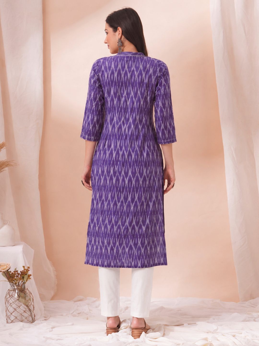 Straight Fit Purple Cotton Ikat Kurta with Hand Embroidery & Woven Stripe Work.