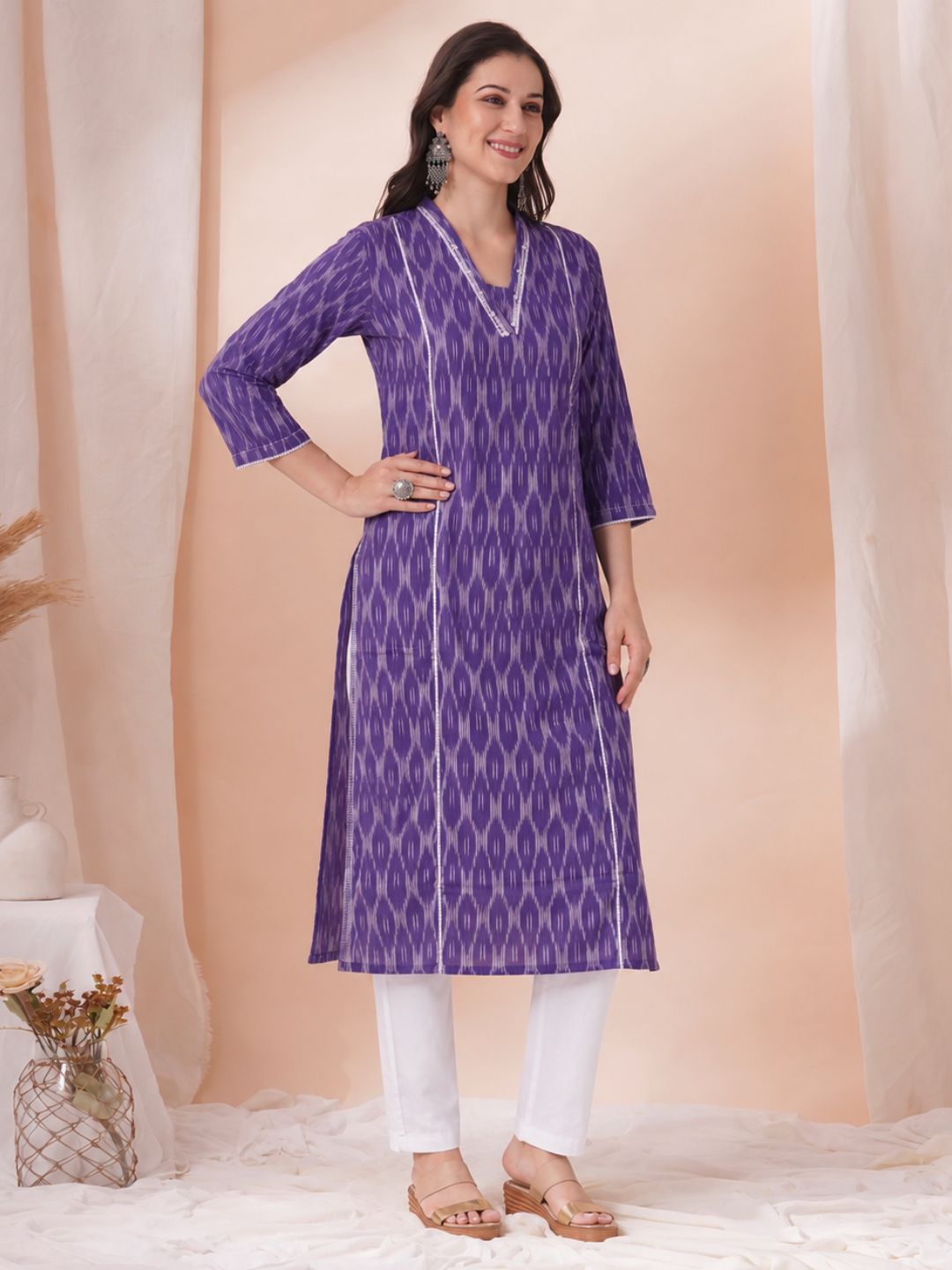 Straight Fit Purple Cotton Ikat Kurta with Hand Embroidery & Woven Stripe Work.