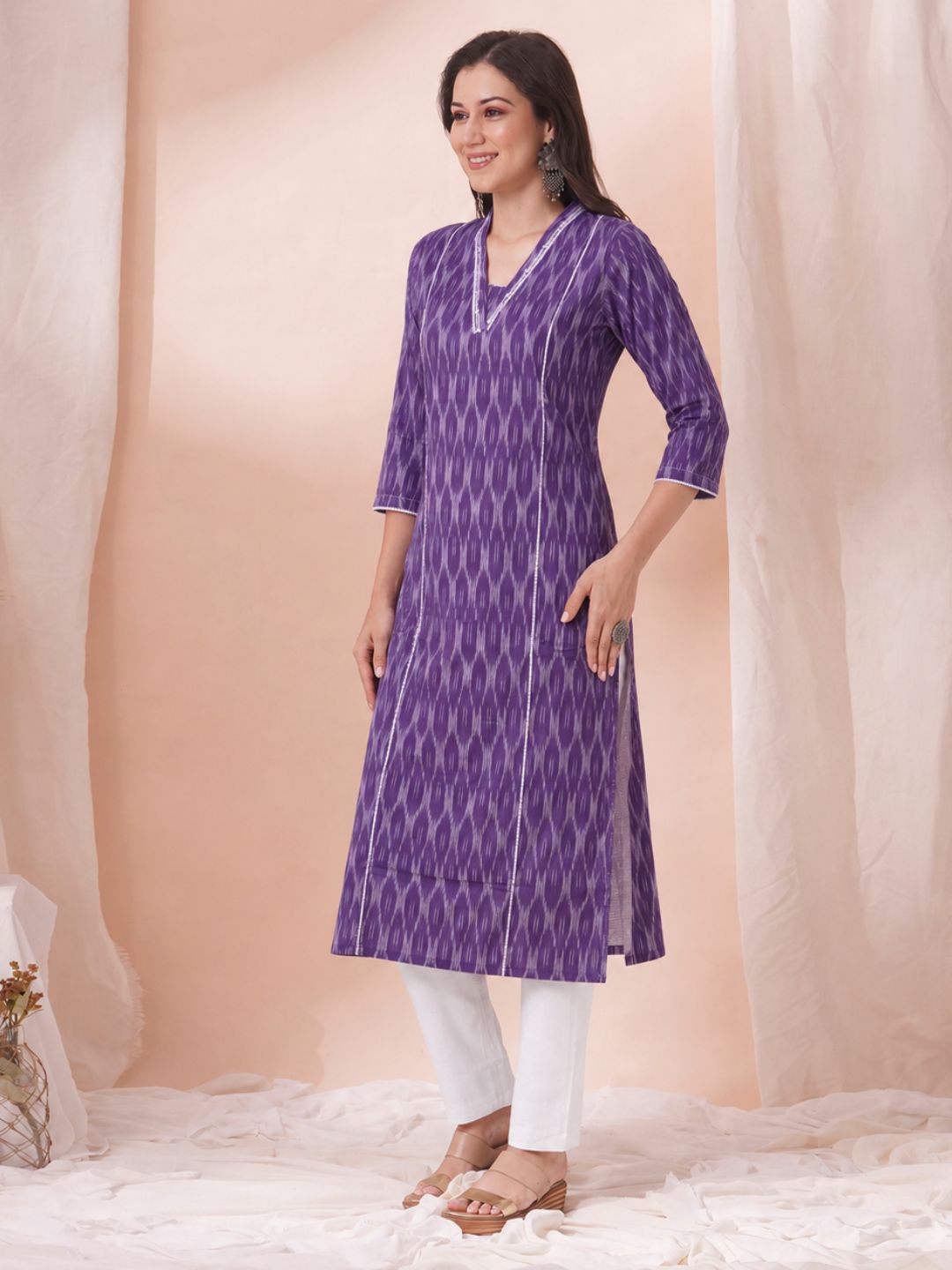 Straight Fit Purple Cotton Ikat Kurta with Hand Embroidery & Woven Stripe Work.