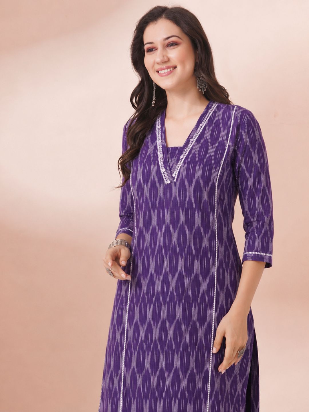 Straight Fit Purple Cotton Ikat Kurta with Hand Embroidery & Woven Stripe Work.