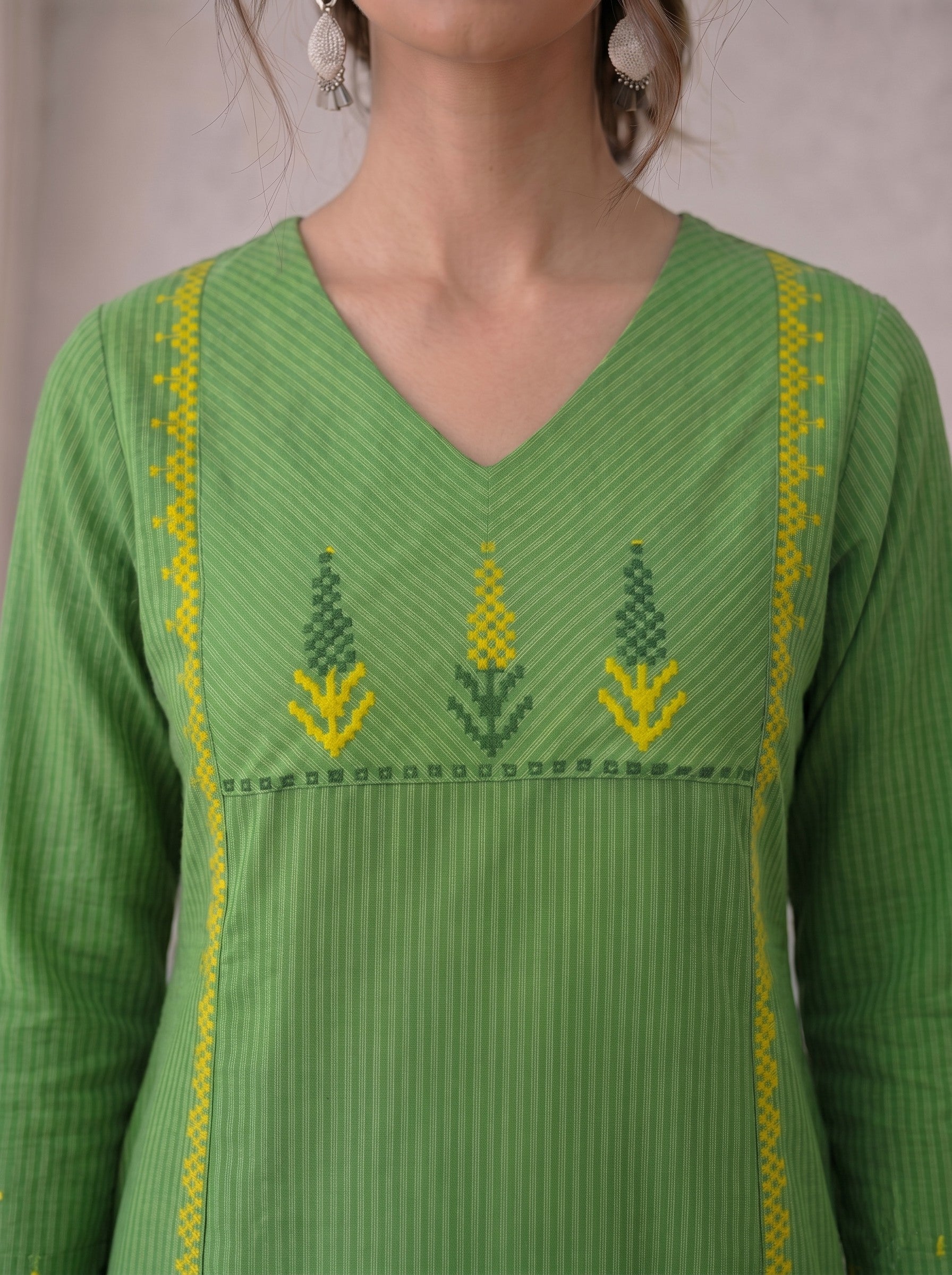 Straight Fit Princess Dobby Kurta with Dual Color Block Print and Stripe Detail.