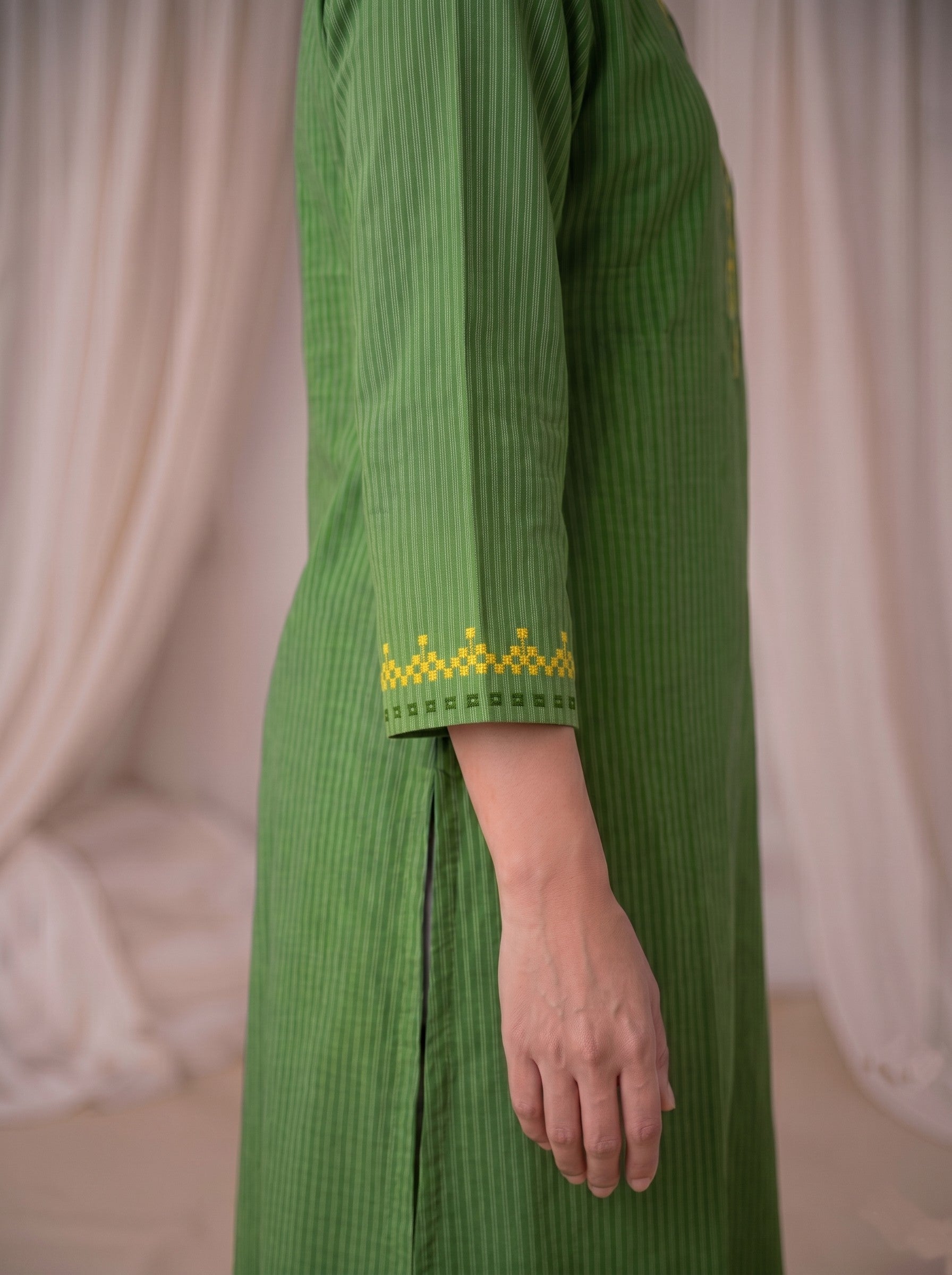 Straight Fit Princess Dobby Kurta with Dual Color Block Print and Stripe Detail.